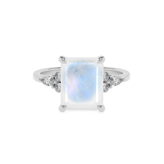 natural rainbow-moonstone emerald cut solitaire rings in platinum
