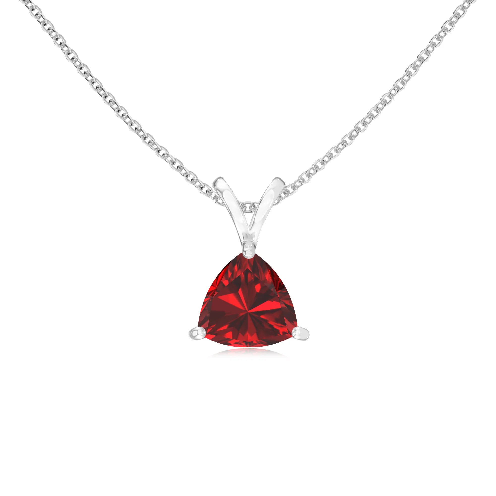 lab grown ruby trillion solitaire v-bale necklaces in sterling silver