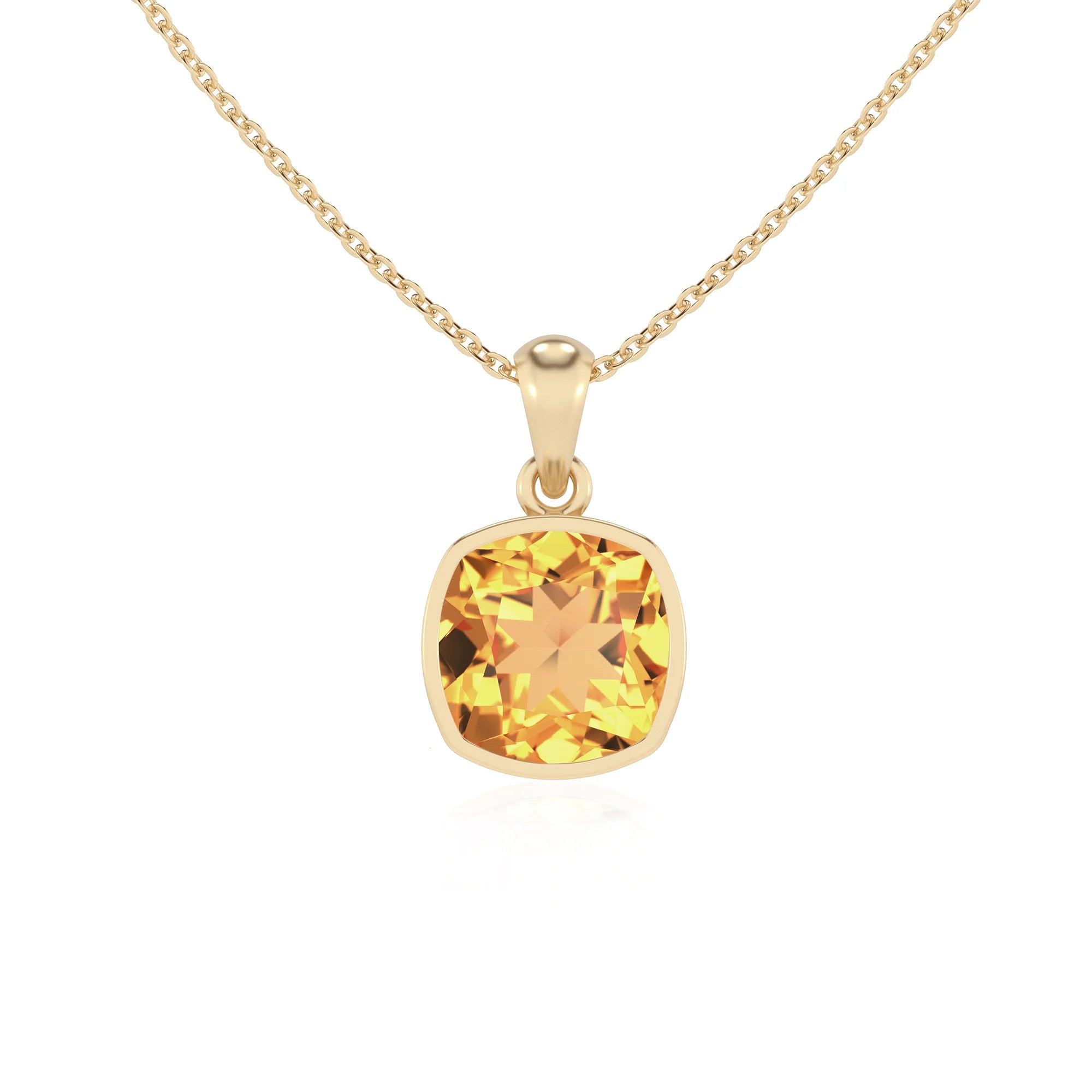 lab grown citrine cushion solitaire necklaces in yellow gold
