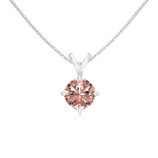 lab grown morganite cushion solitaire v-bale necklaces in sterling silver