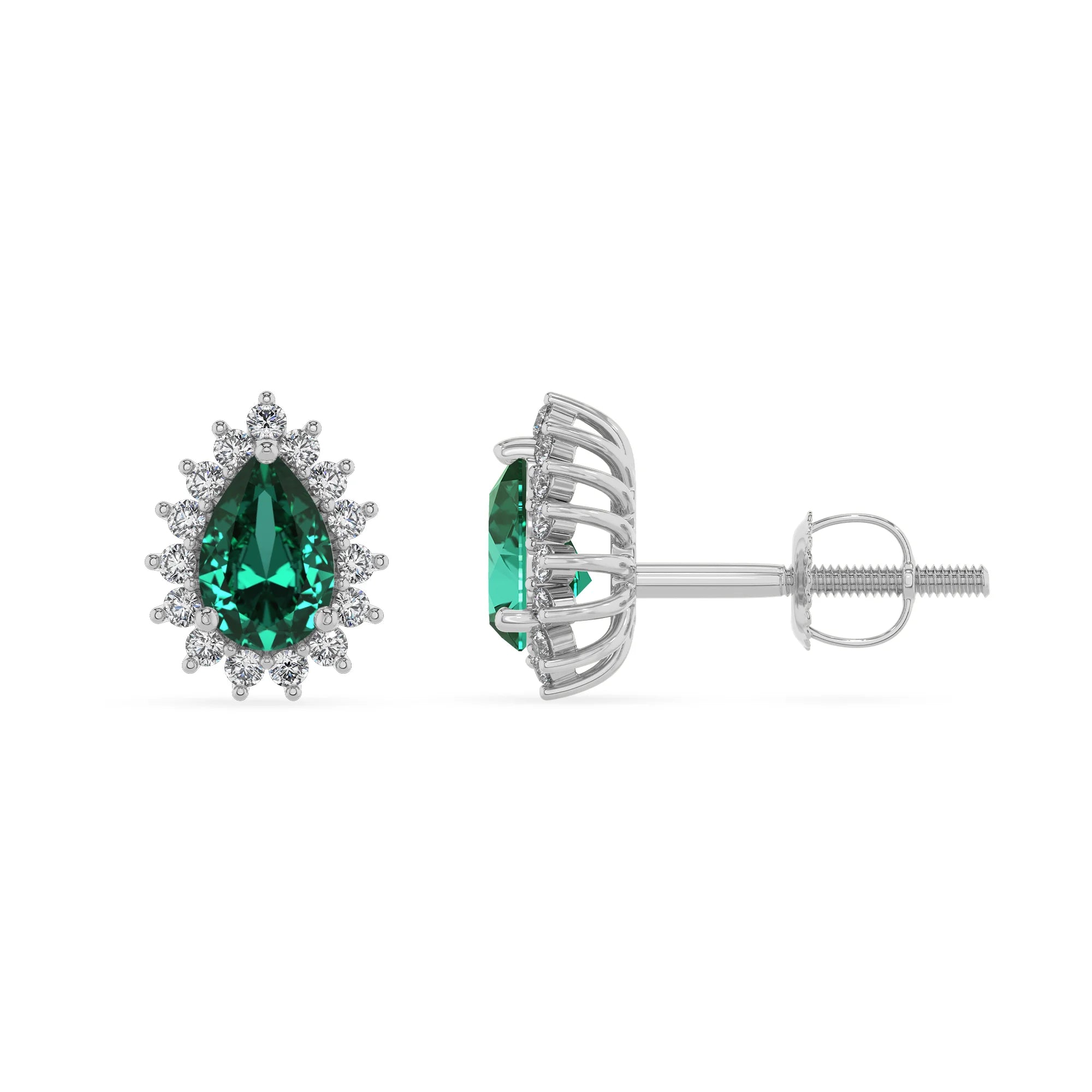 lab grown emerald pear stud earrings in white gold