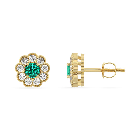lab grown emerald round stud earrings in yellow gold