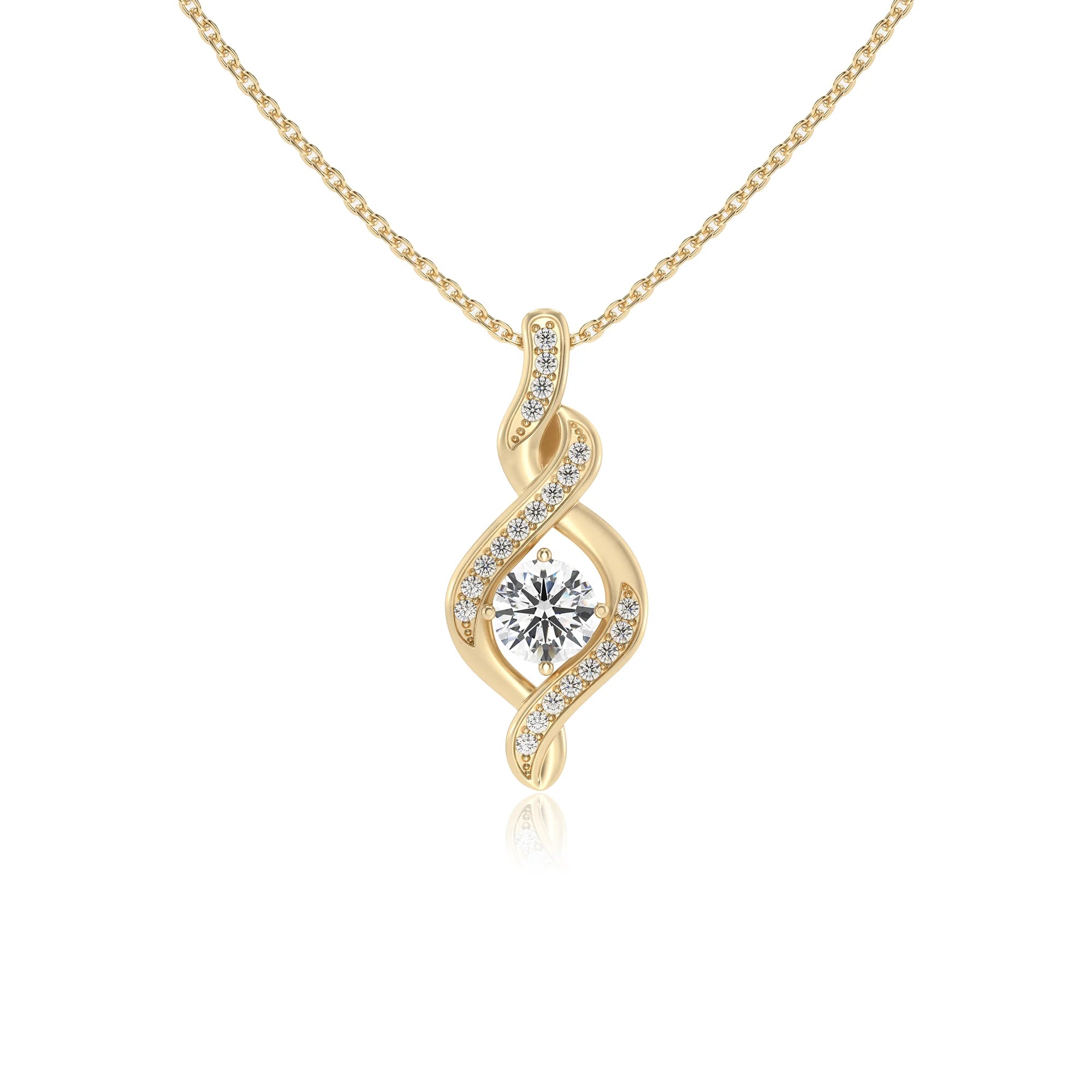 lab grown moissanite round solitaire necklaces in yellow gold