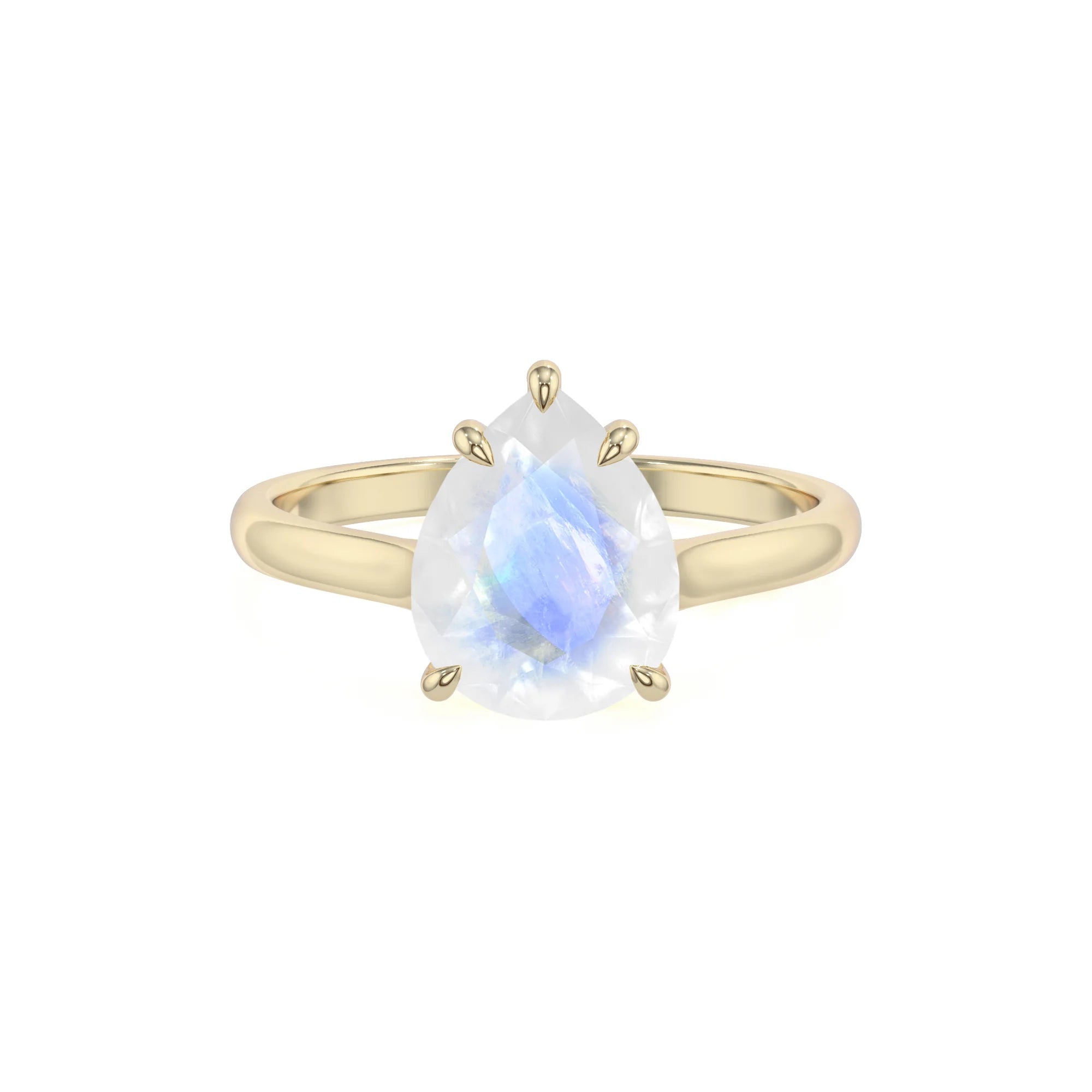natural rainbow-moonstone pear solitaire rings in yellow gold