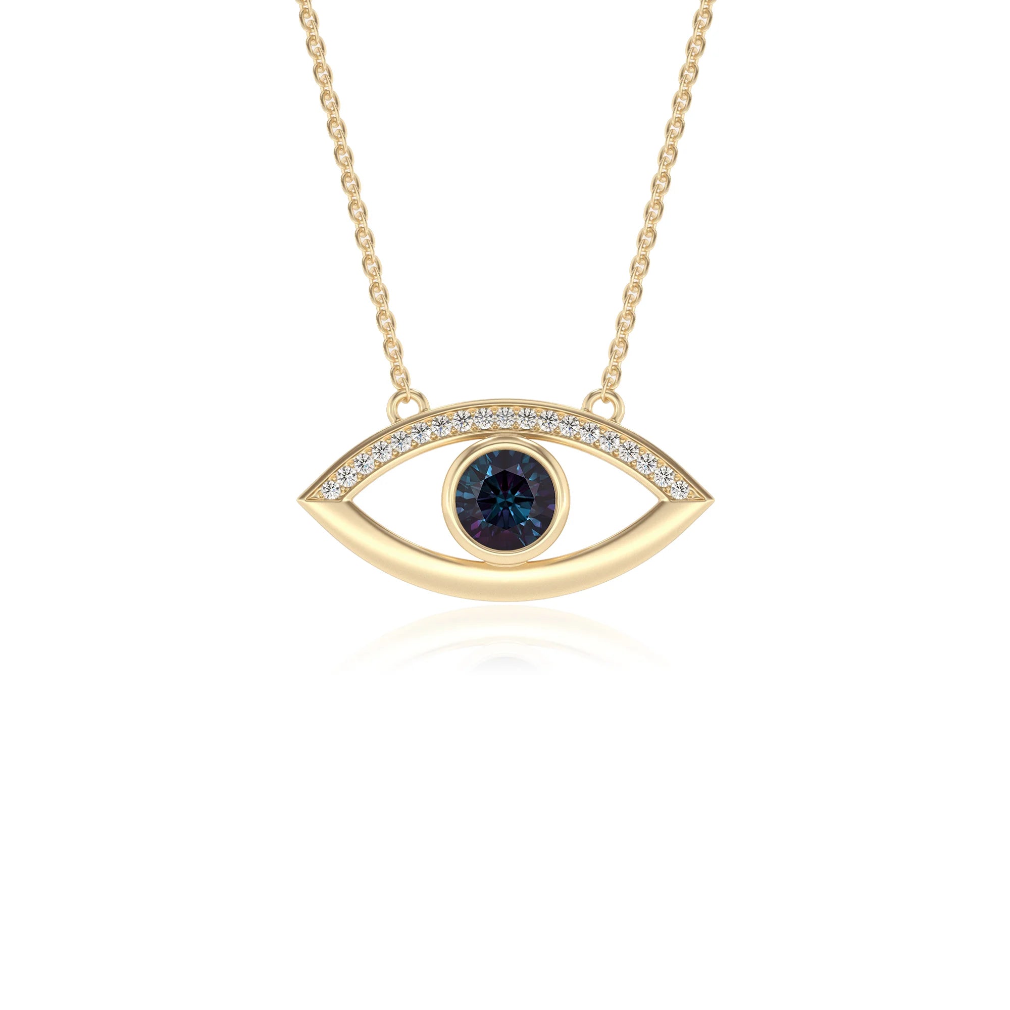 lab grown alexandrite round solitaire necklaces in yellow gold