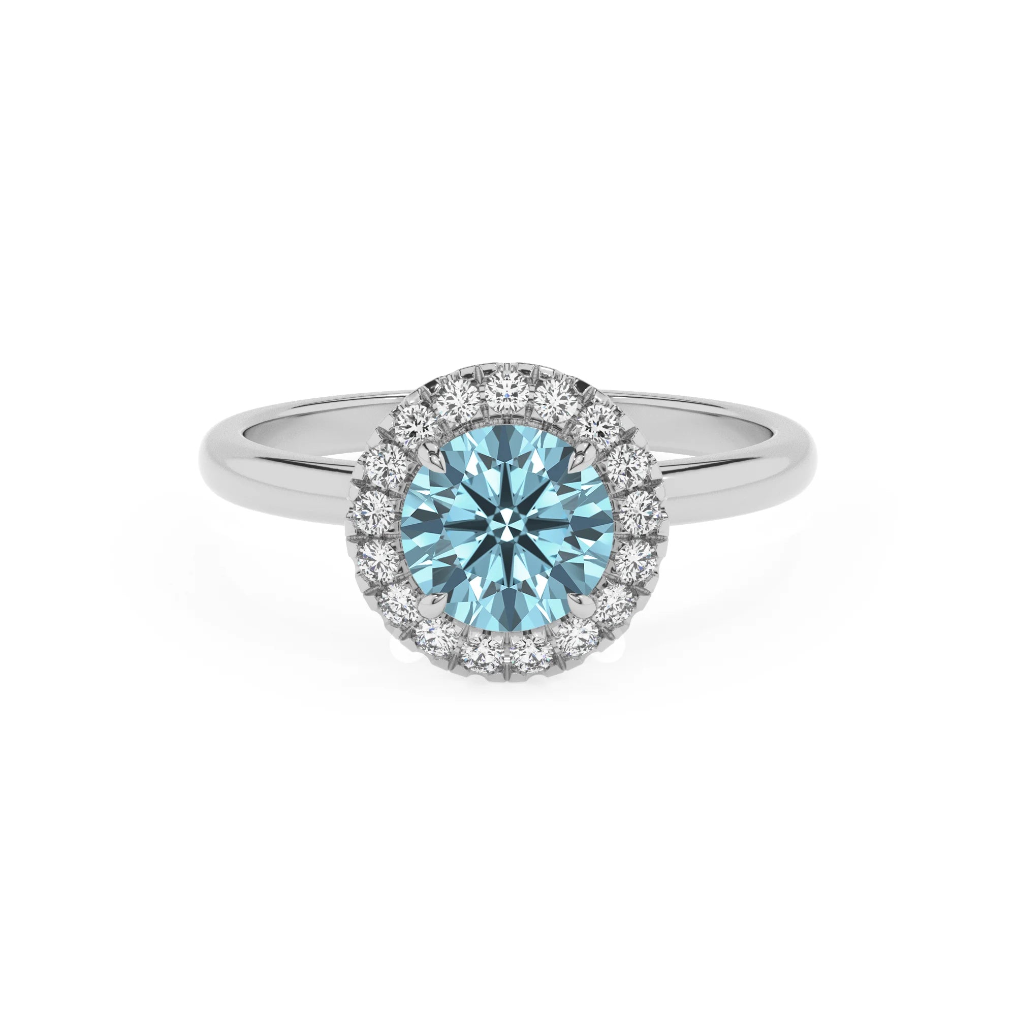 lab grown aquamarine round solitaire rings in sterling silver