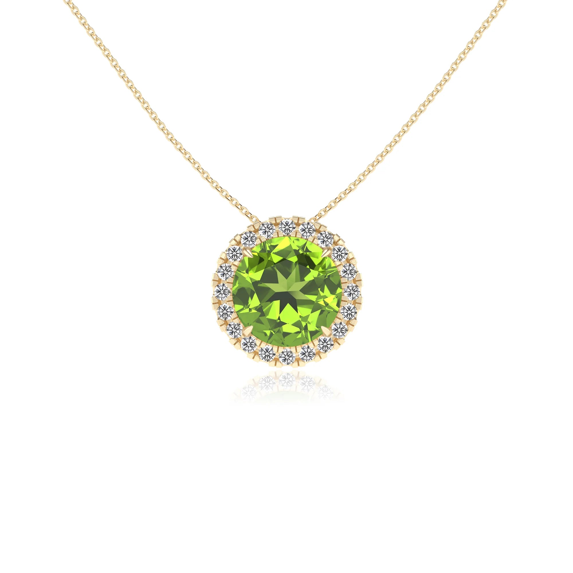 natural peridot round solitaire necklaces in yellow gold