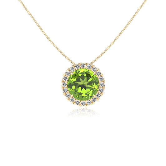 natural peridot round solitaire necklaces in yellow gold