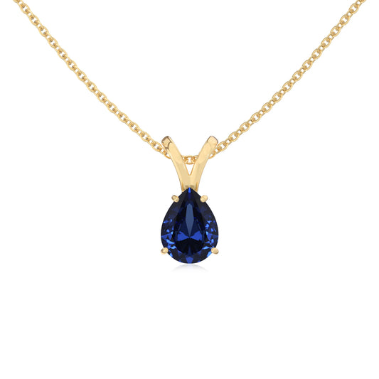 lab grown blue-sapphire pear solitaire v-bale necklaces in yellow gold