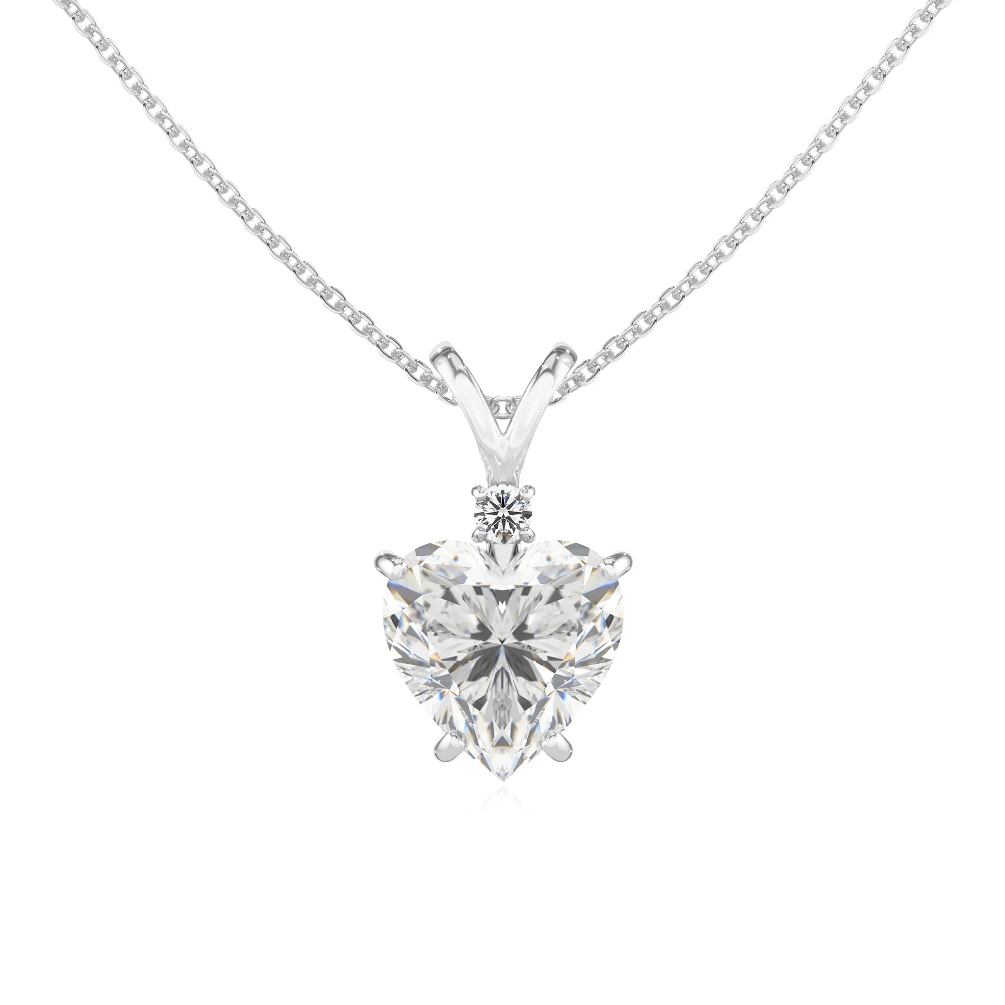 lab grown moissanite heart solitaire v-bale necklaces in white gold