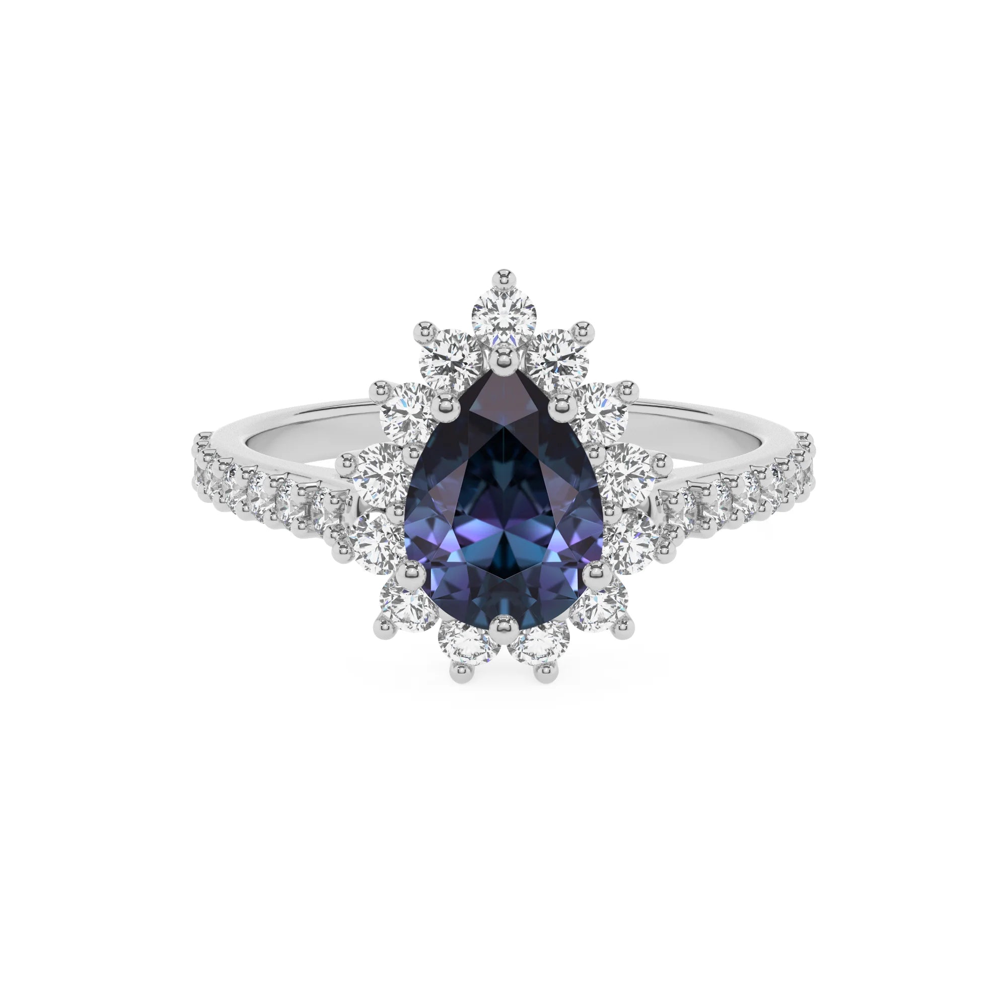 lab grown alexandrite pear solitaire rings in platinum