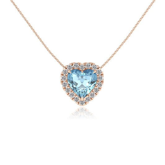lab grown aquamarine heart solitaire necklaces in rose gold