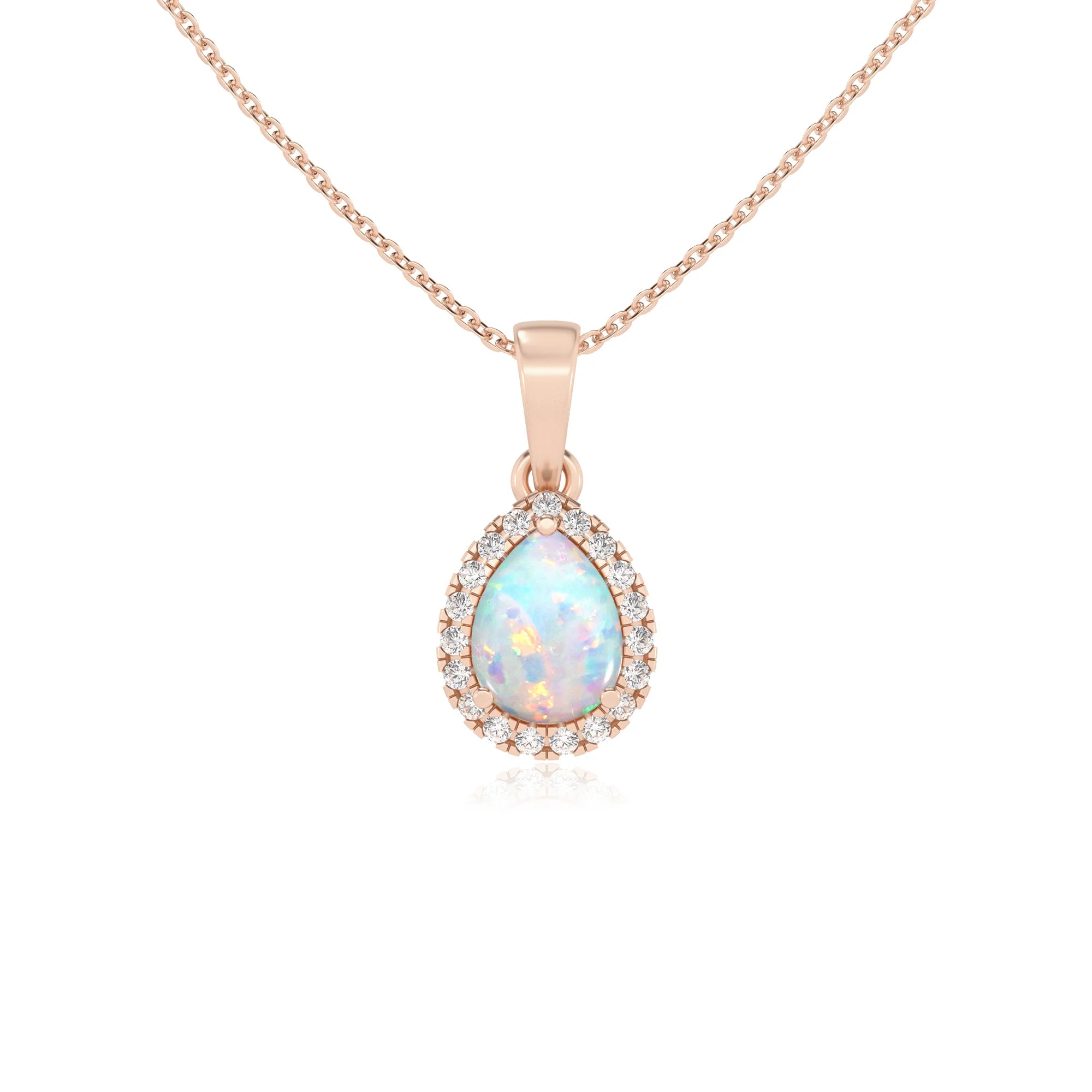 lab grown opal pear solitaire necklaces in rose gold