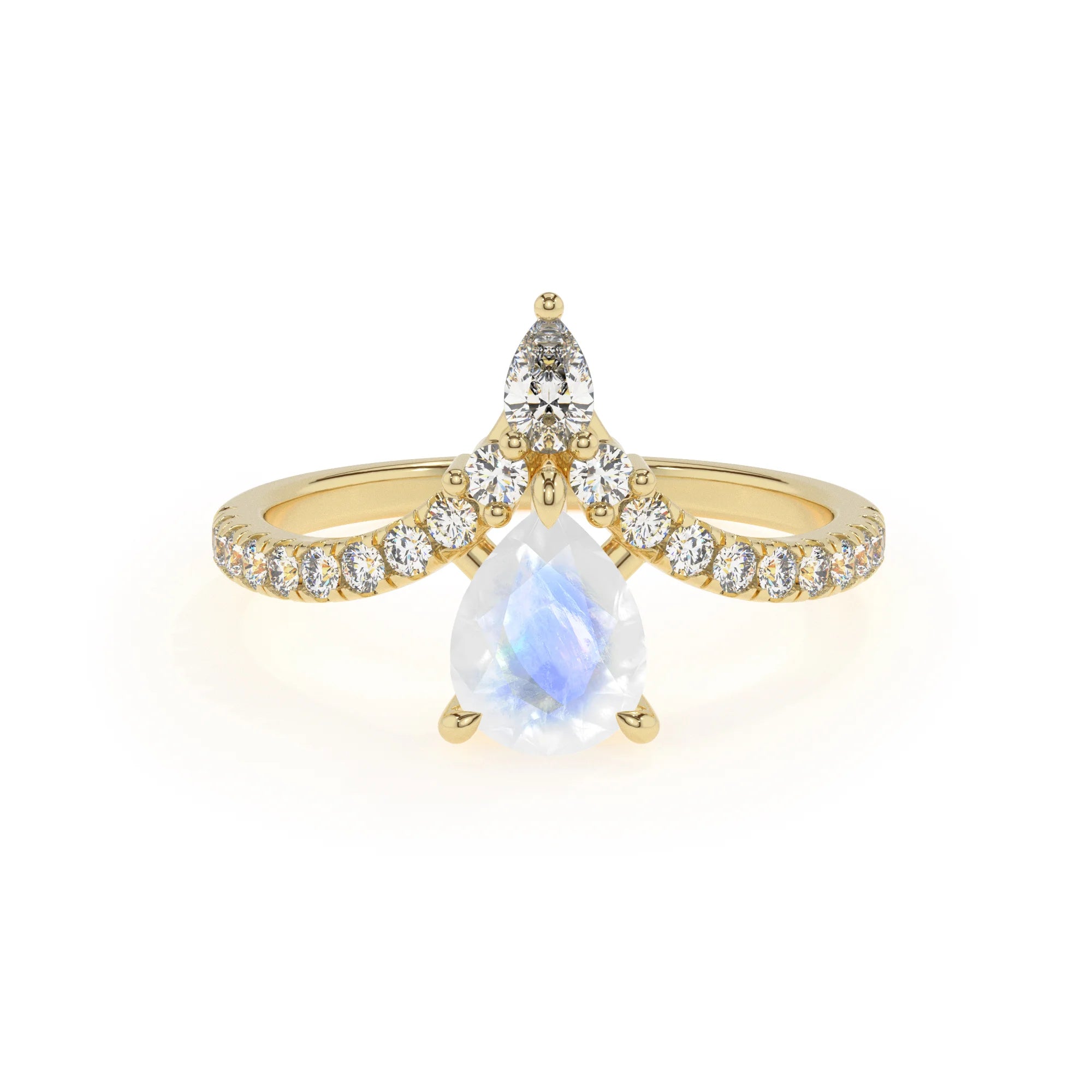 natural rainbow-moonstone pear solitaire rings in yellow gold