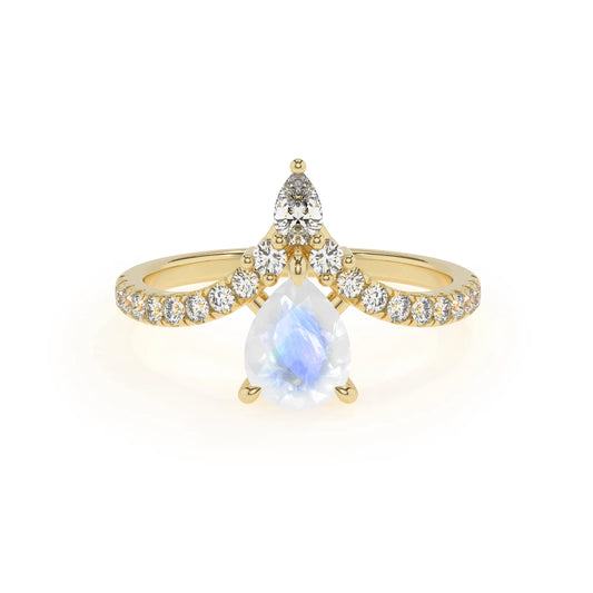 natural rainbow-moonstone pear solitaire rings in yellow gold