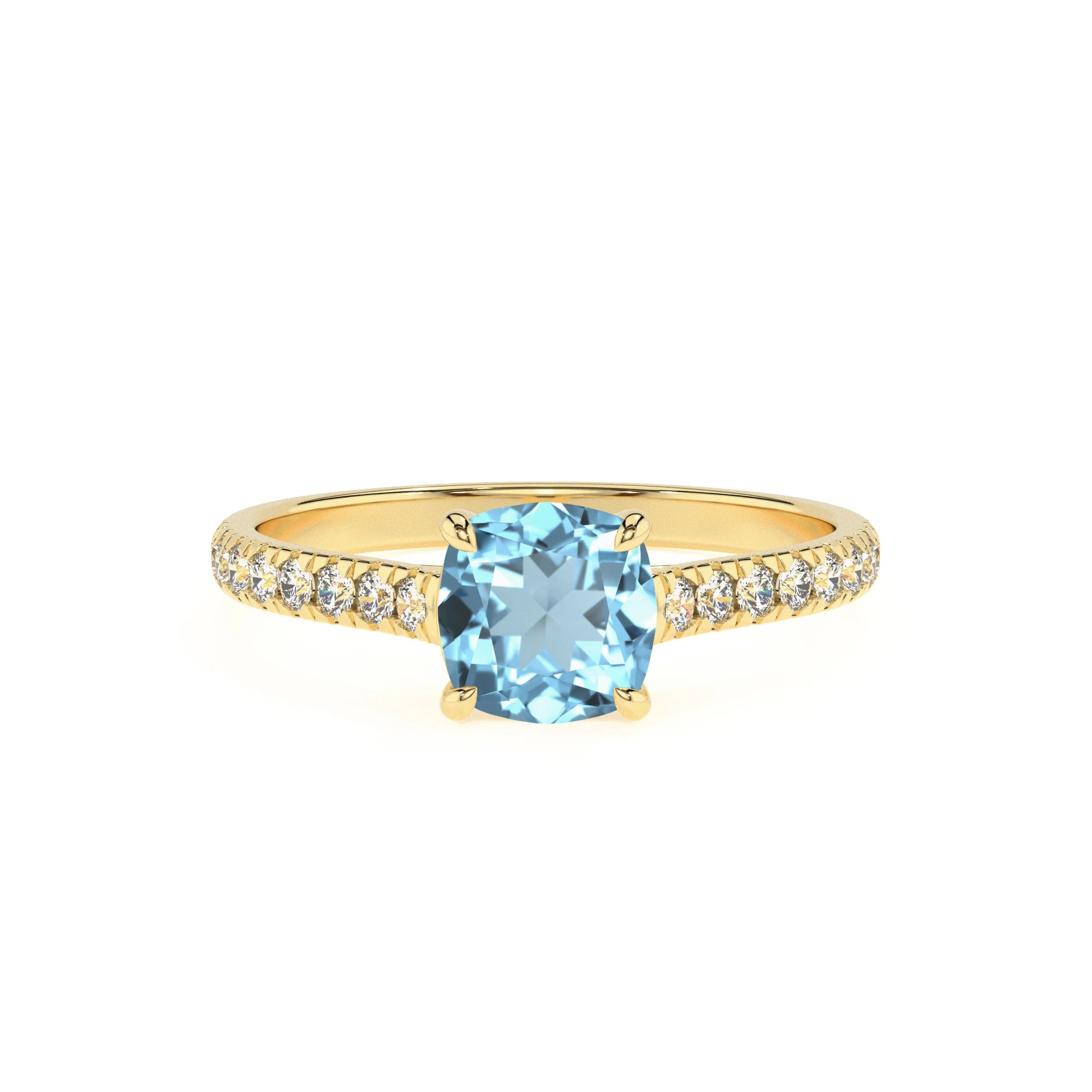lab grown aquamarine cushion half eternity solitaire engagement rings in yellow gold