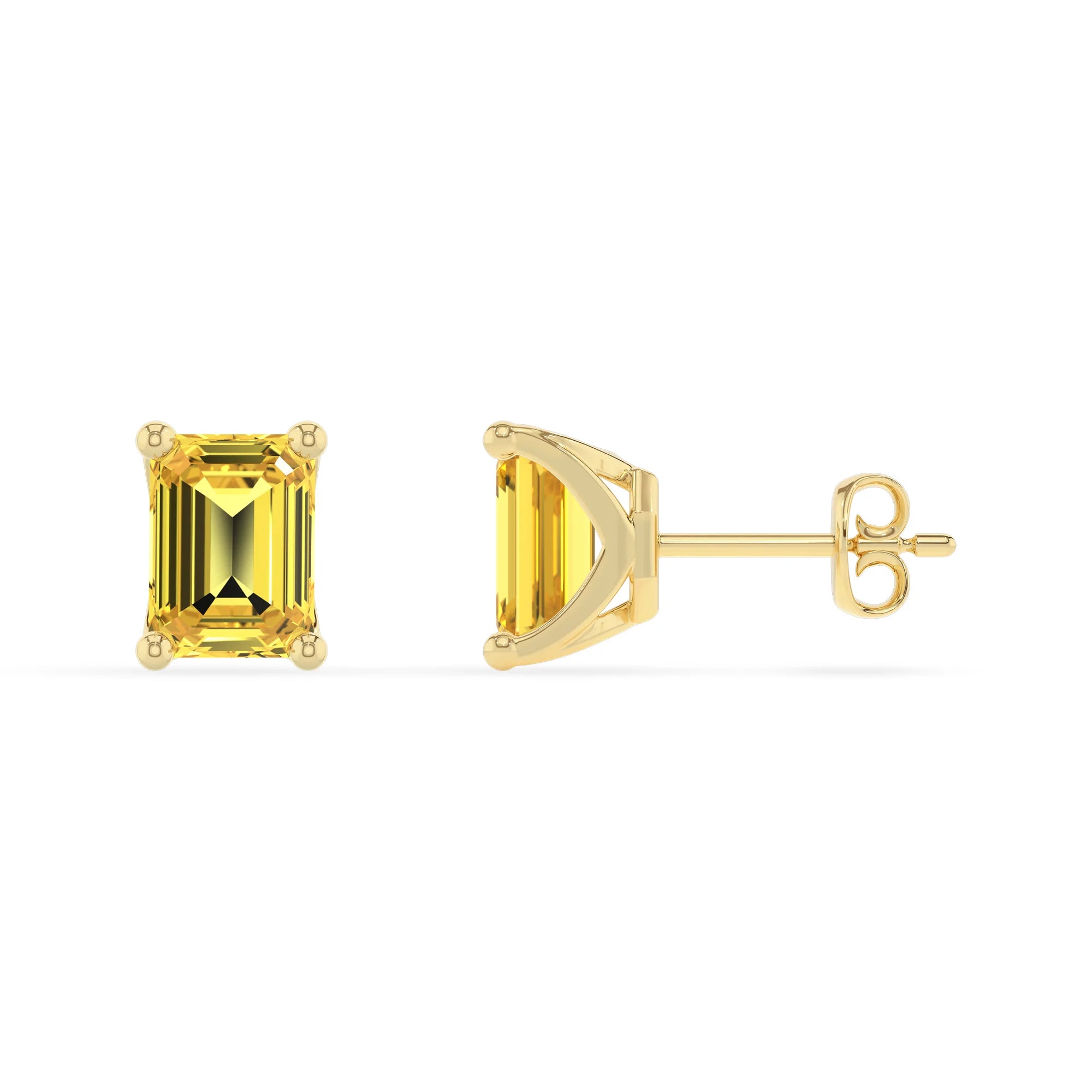 lab grown yellow sapphire emerald cut stud earrings in yellow gold