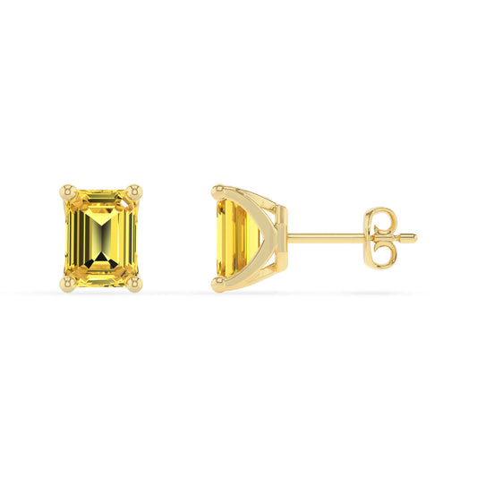 lab grown yellow sapphire emerald cut stud earrings in yellow gold