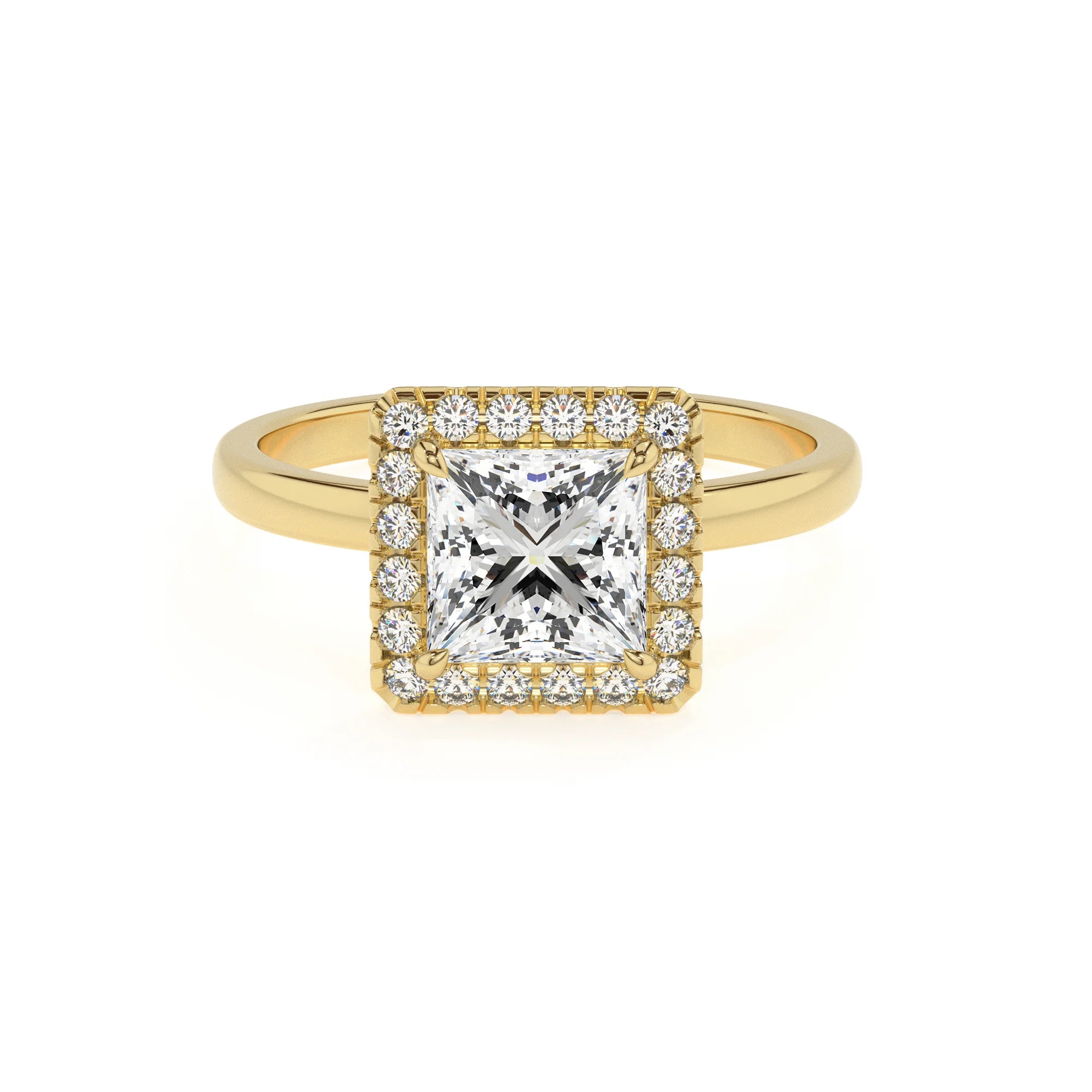 lab grown moissanite princess solitaire rings in yellow gold