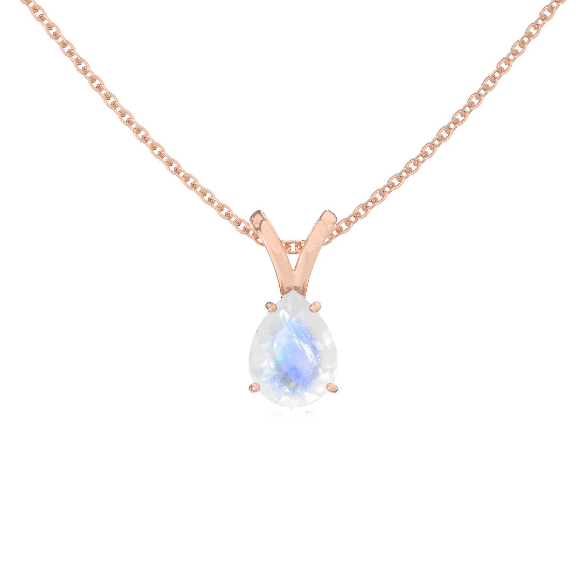 natural rainbow-moonstone pear solitaire v-bale necklaces in rose gold