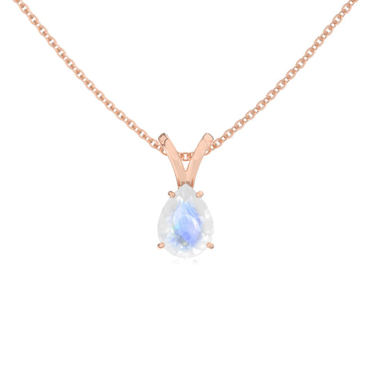 natural rainbow-moonstone pear solitaire v-bale necklaces in rose gold