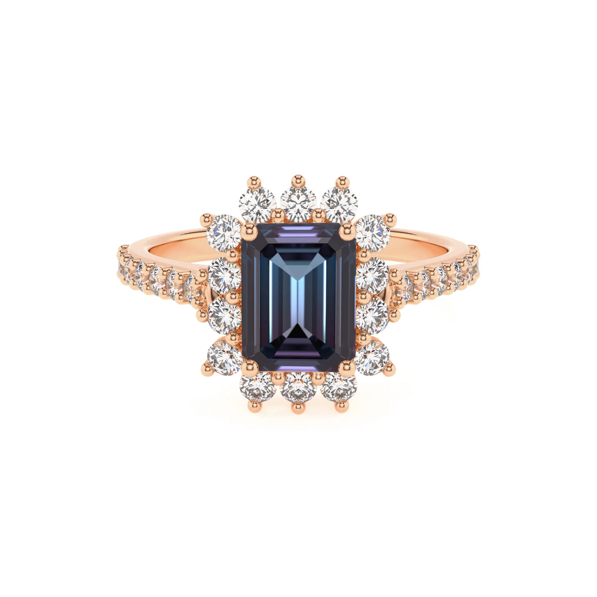 lab grown alexandrite emerald cut solitaire rings in rose gold