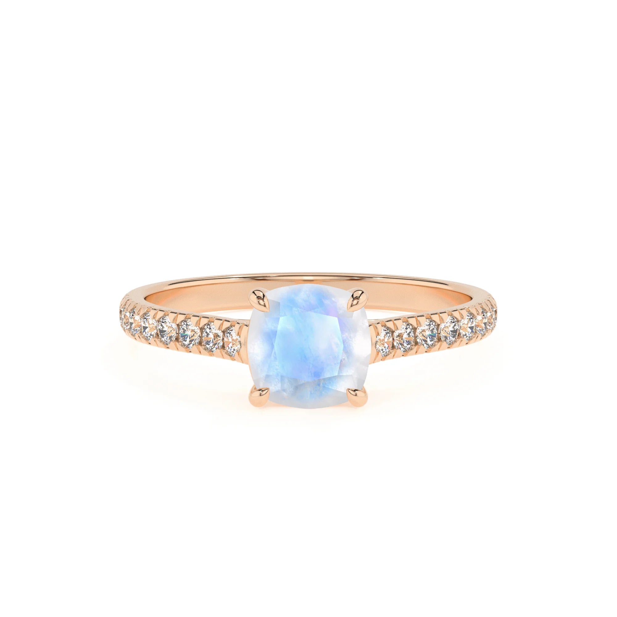 natural rainbow-moonstone cushion half eternity solitaire engagement rings in rose gold