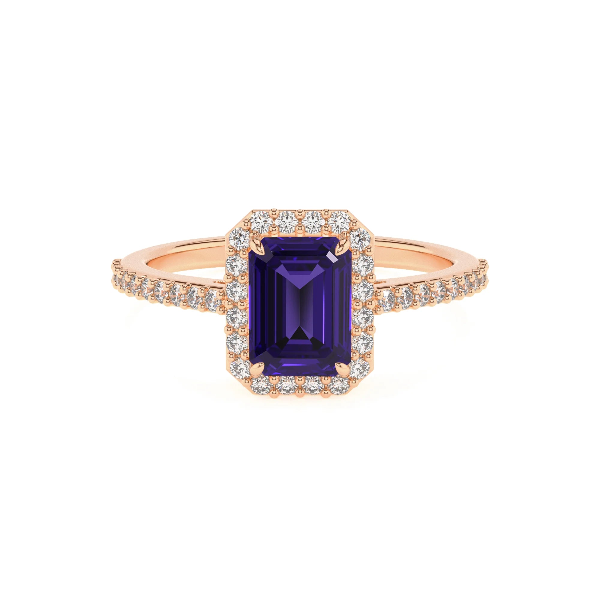 lab grown tanzanite emerald cut solitaire rings in rose gold
