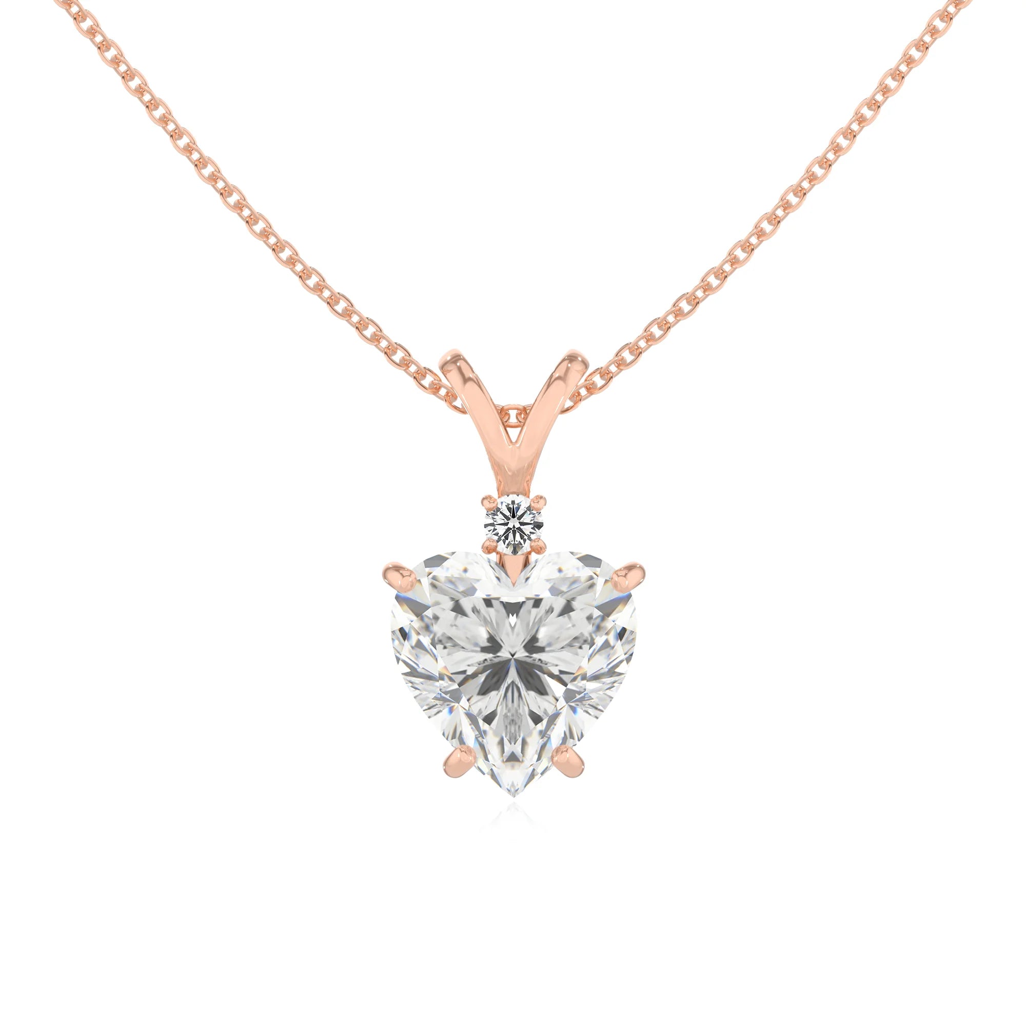 lab grown moissanite heart solitaire v-bale necklaces in rose gold