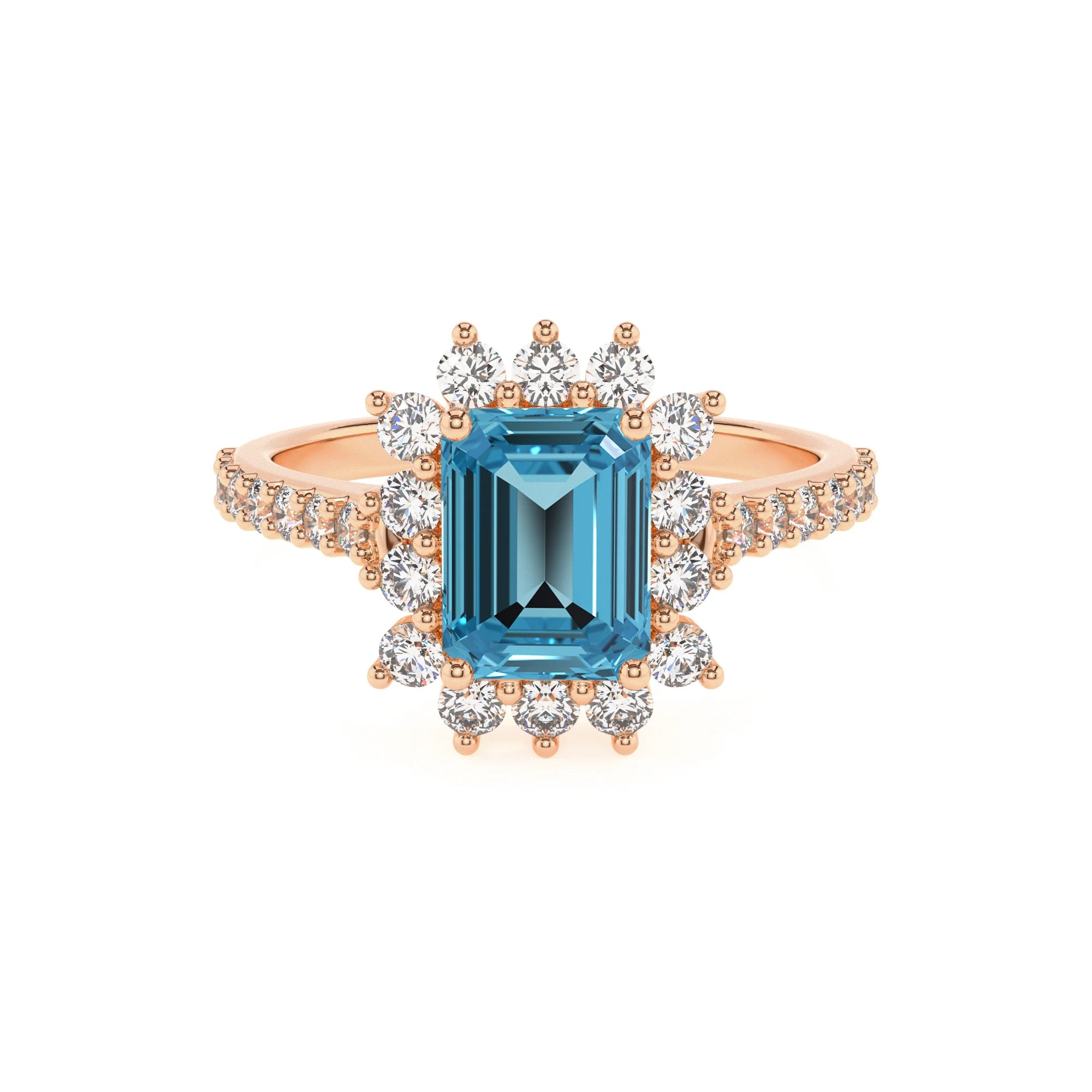 natural swiss-blue-topaz emerald cut solitaire rings in rose gold