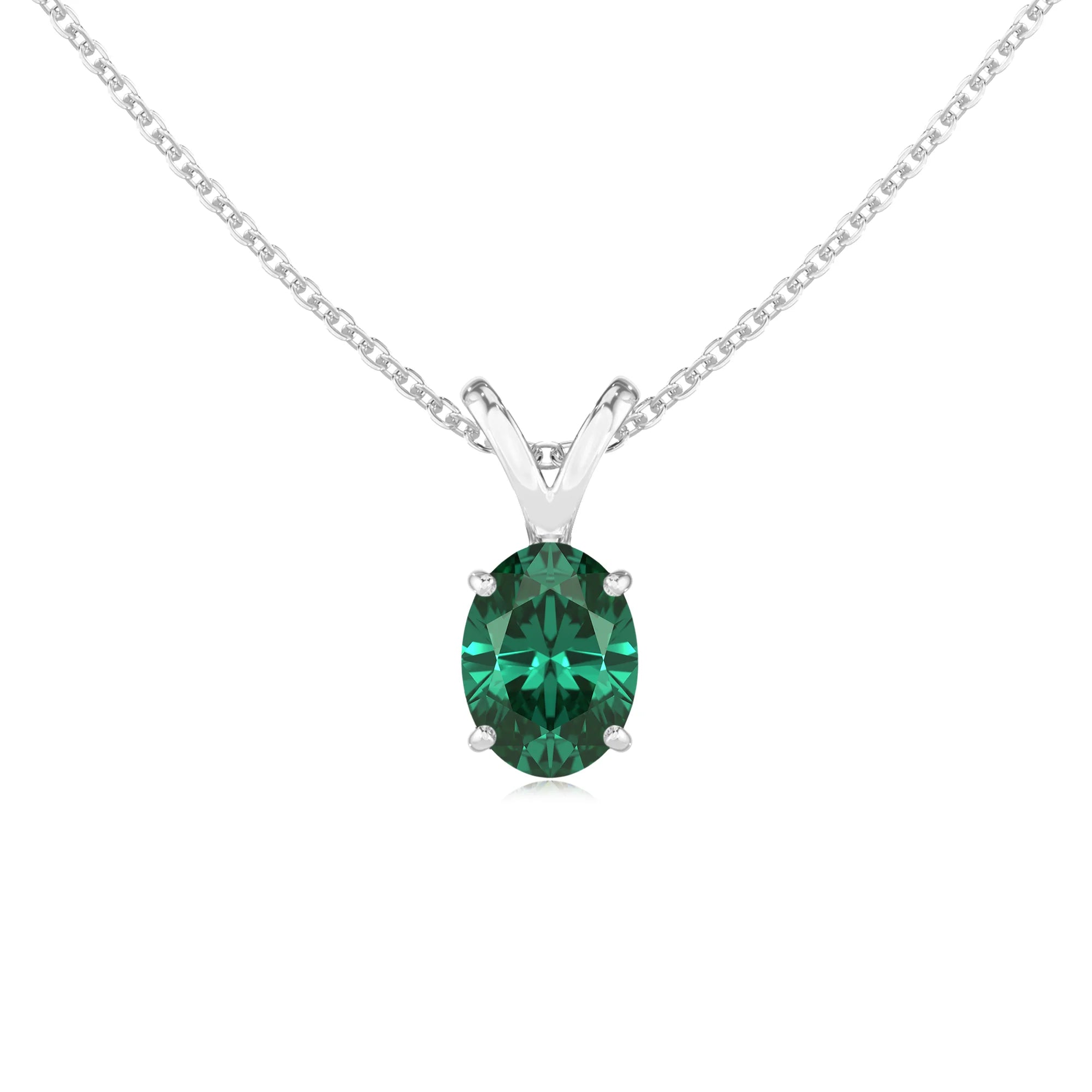 lab grown emerald oval solitaire v-bale necklaces in platinum