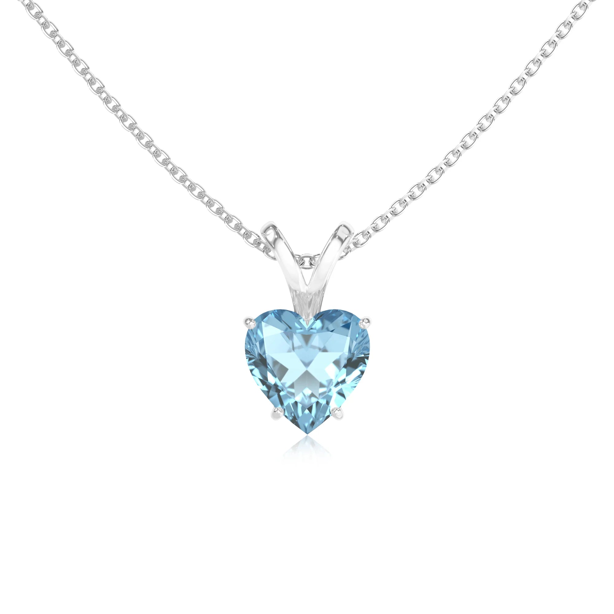 lab grown aquamarine heart solitaire v-bale necklaces in white gold