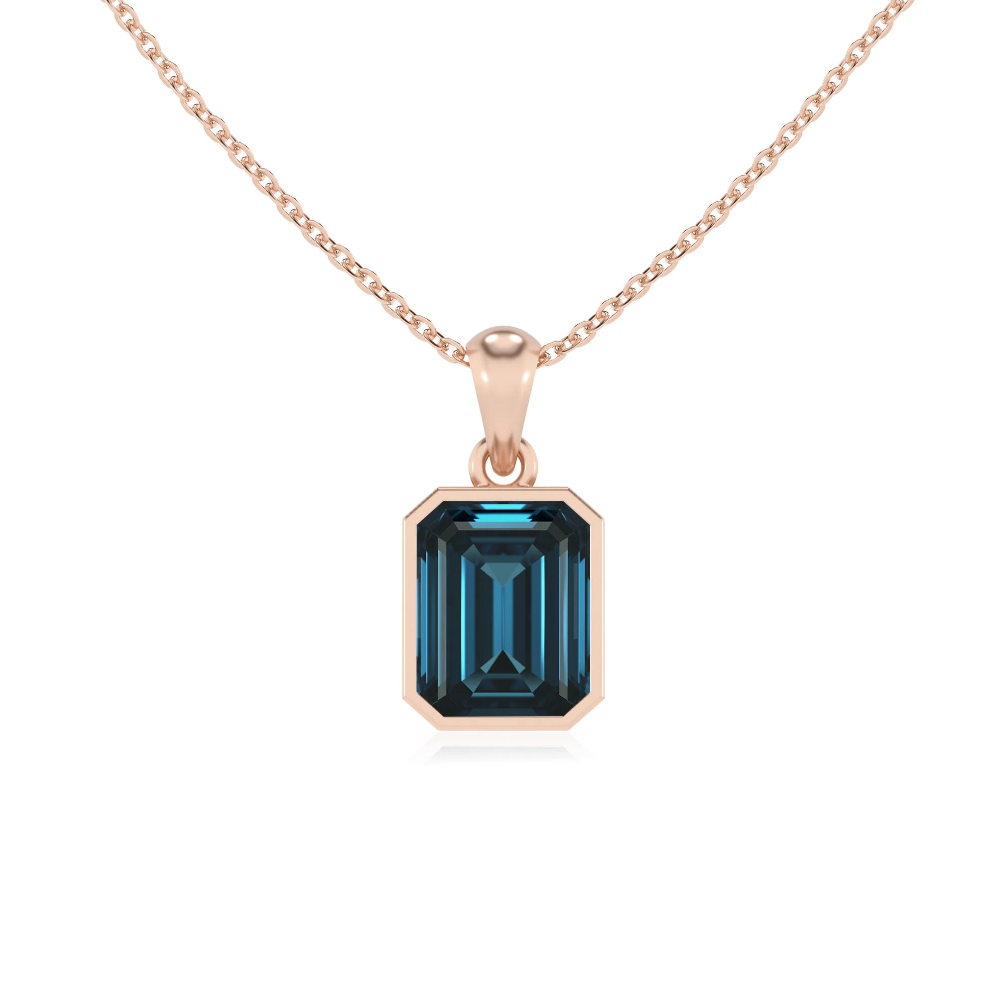 natural london-blue-topaz emerald cut solitaire necklaces in rose gold