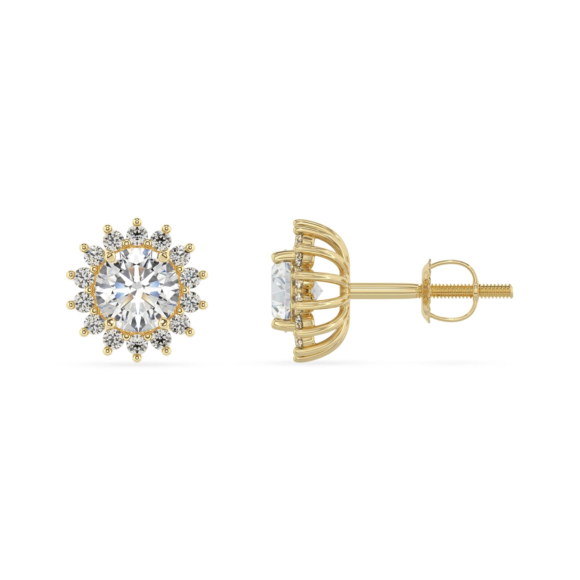 lab grown moissanite round stud earrings in yellow gold
