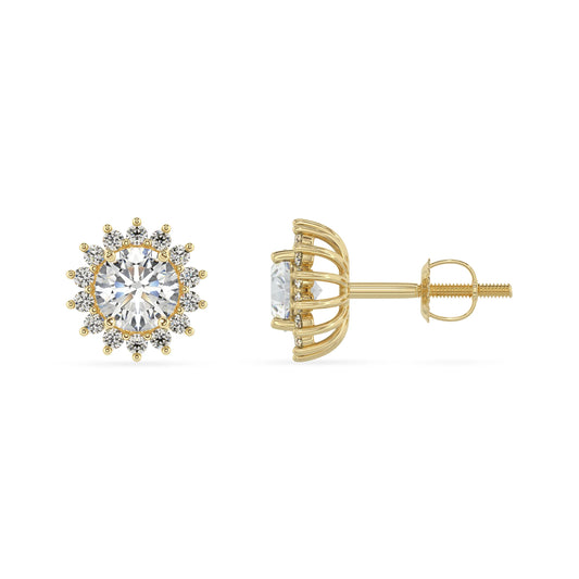 lab grown moissanite round stud earrings in yellow gold
