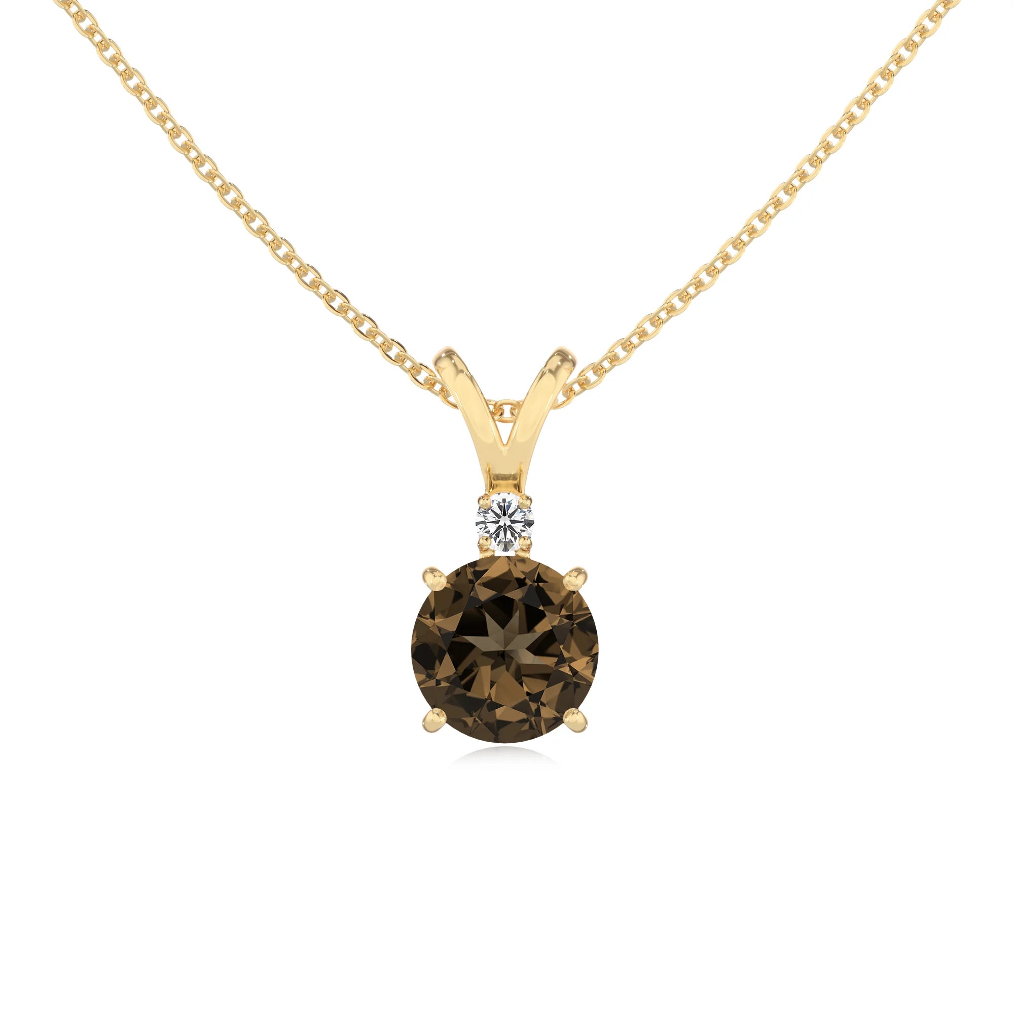 natural smoky-quartz round solitaire v-bale necklaces in yellow gold