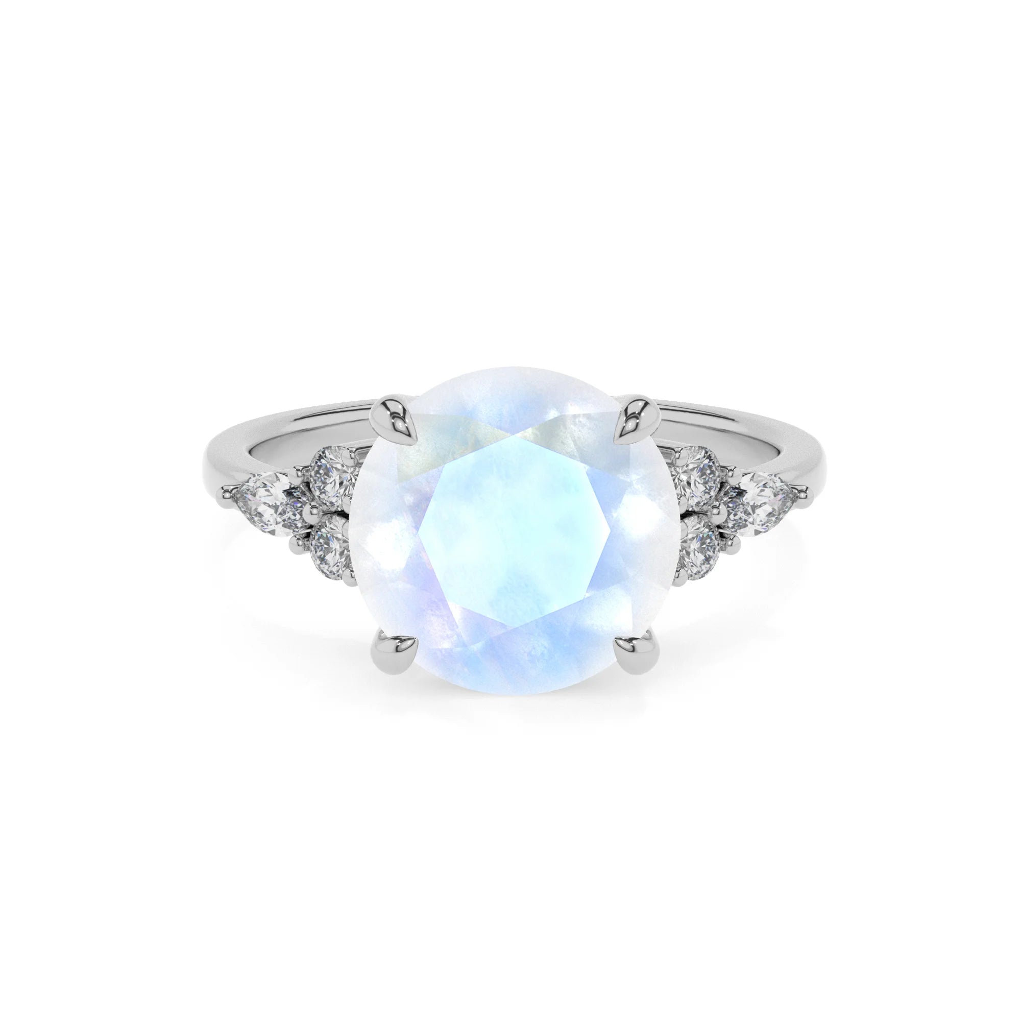natural rainbow-moonstone round solitaire rings in platinum