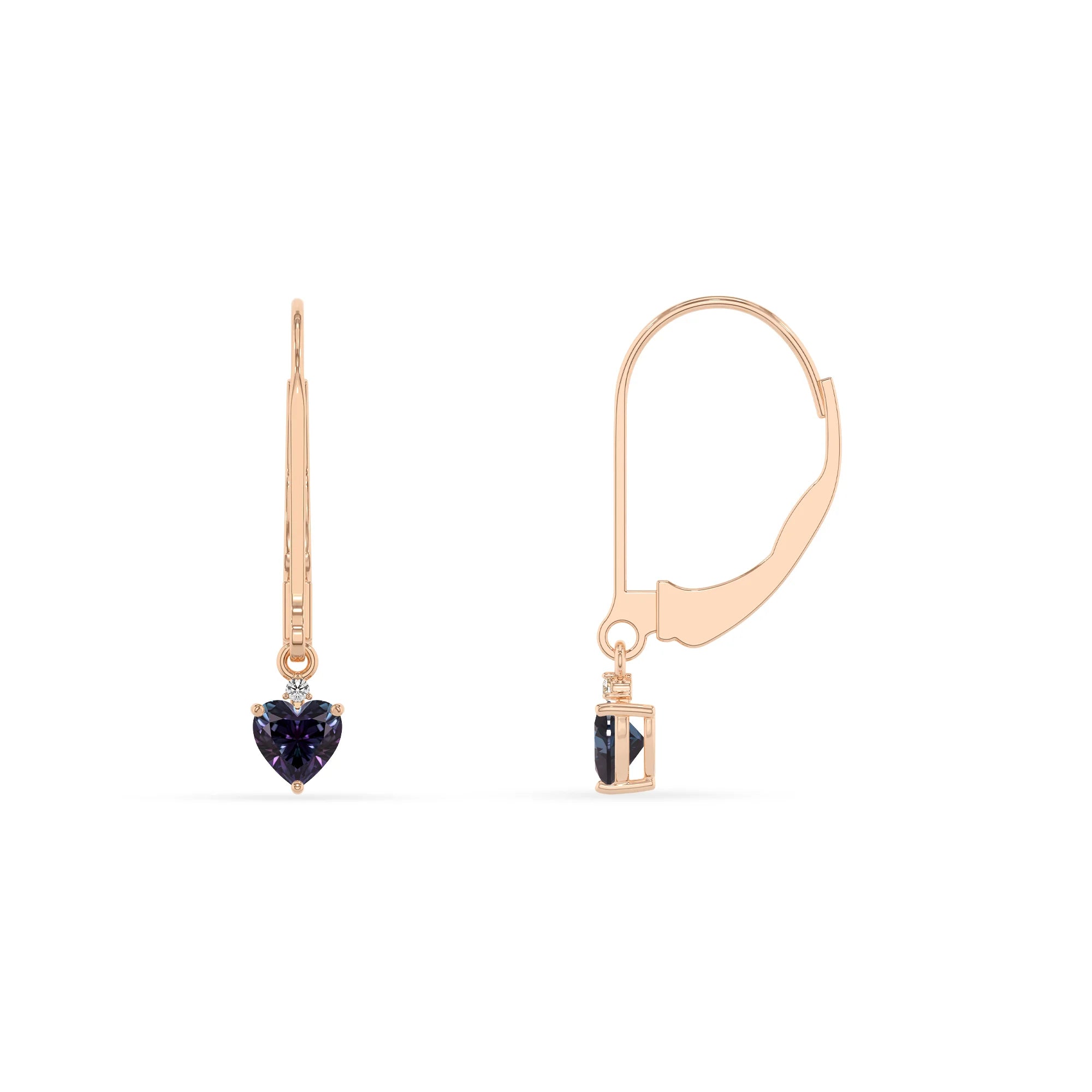 lab grown alexandrite heart drop earrings in rose gold