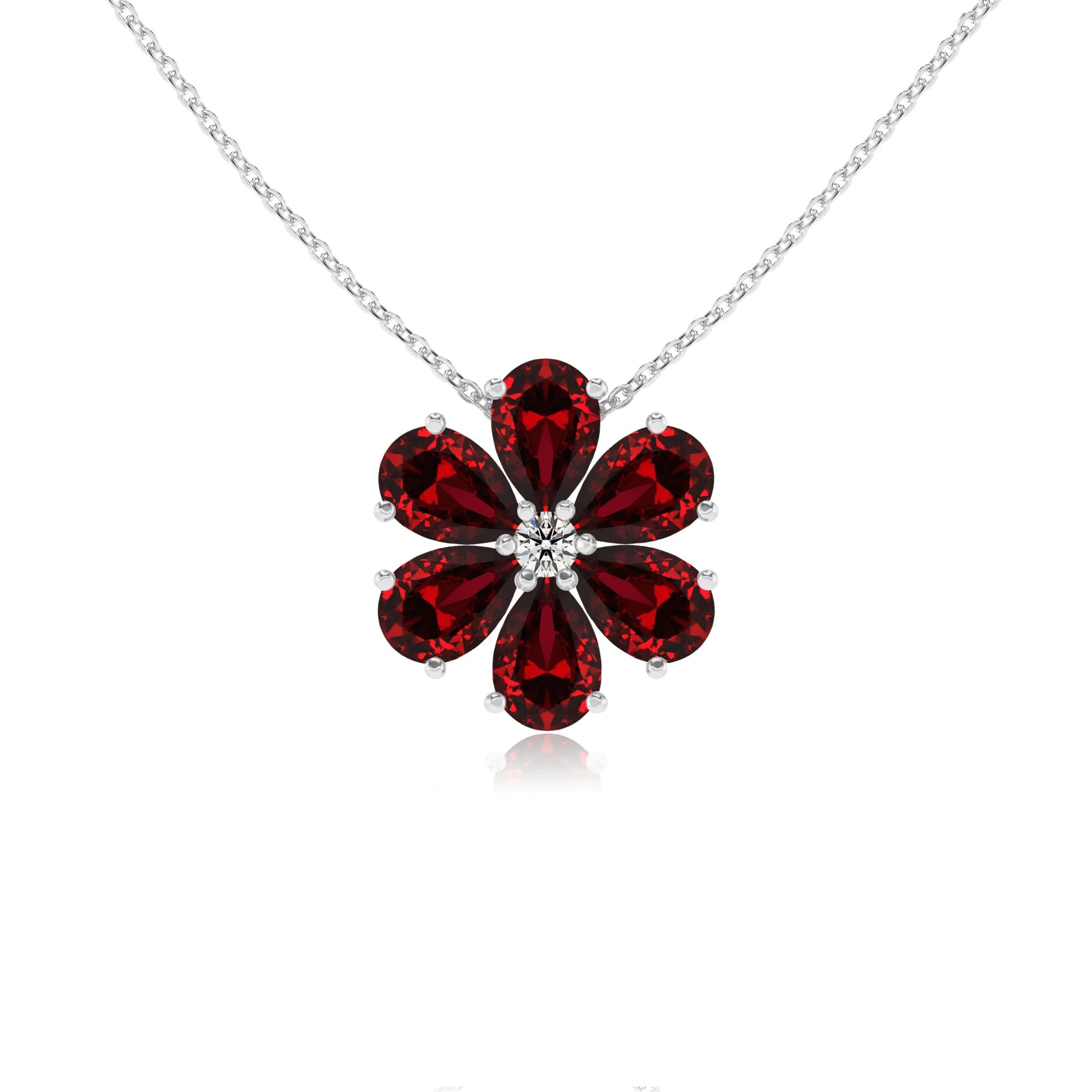 lab grown ruby pear solitaire necklaces in sterling silver
