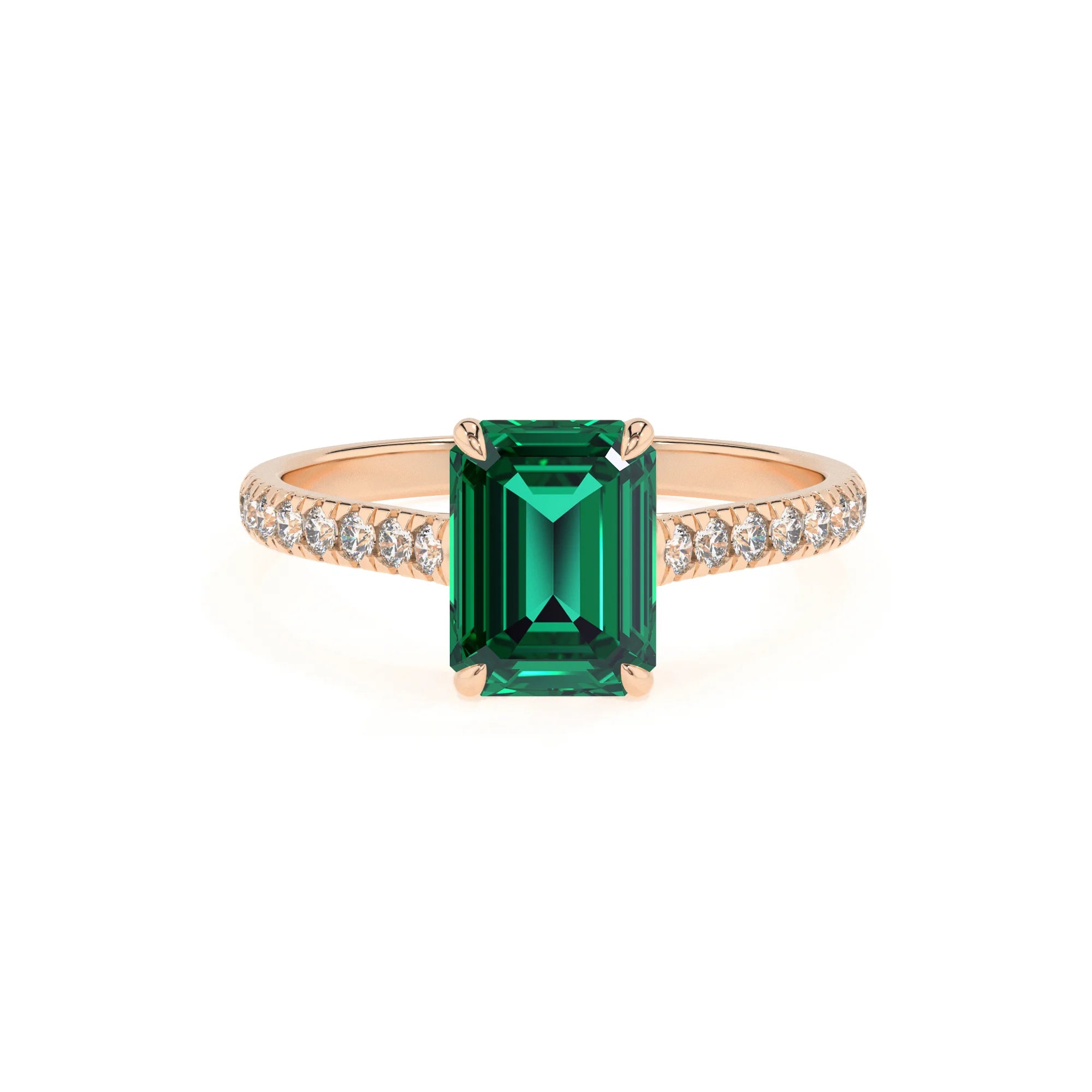 lab grown emerald octogon cut half eternity solitaire engagement rings in rose gold