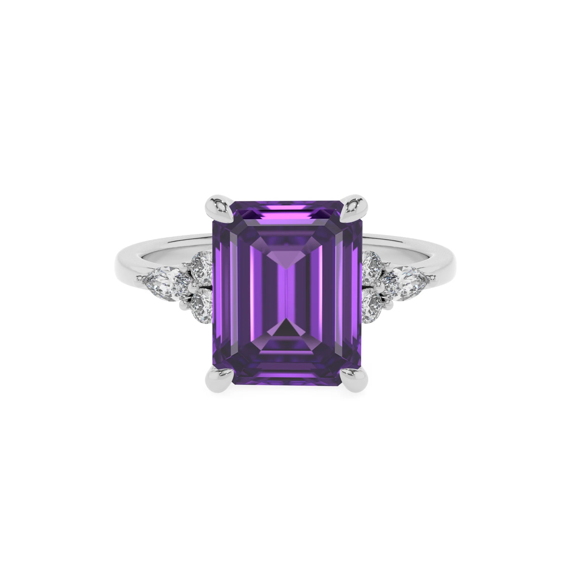 lab grown amethyst emerald cut solitaire rings in sterling silver