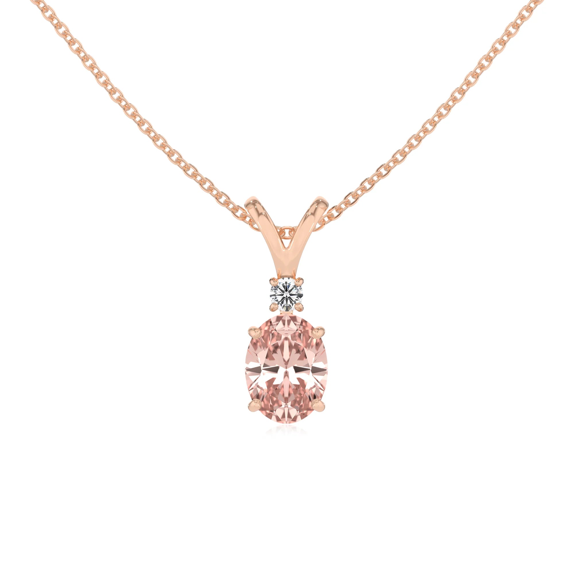 lab grown morganite oval solitaire v-bale necklaces in rose gold