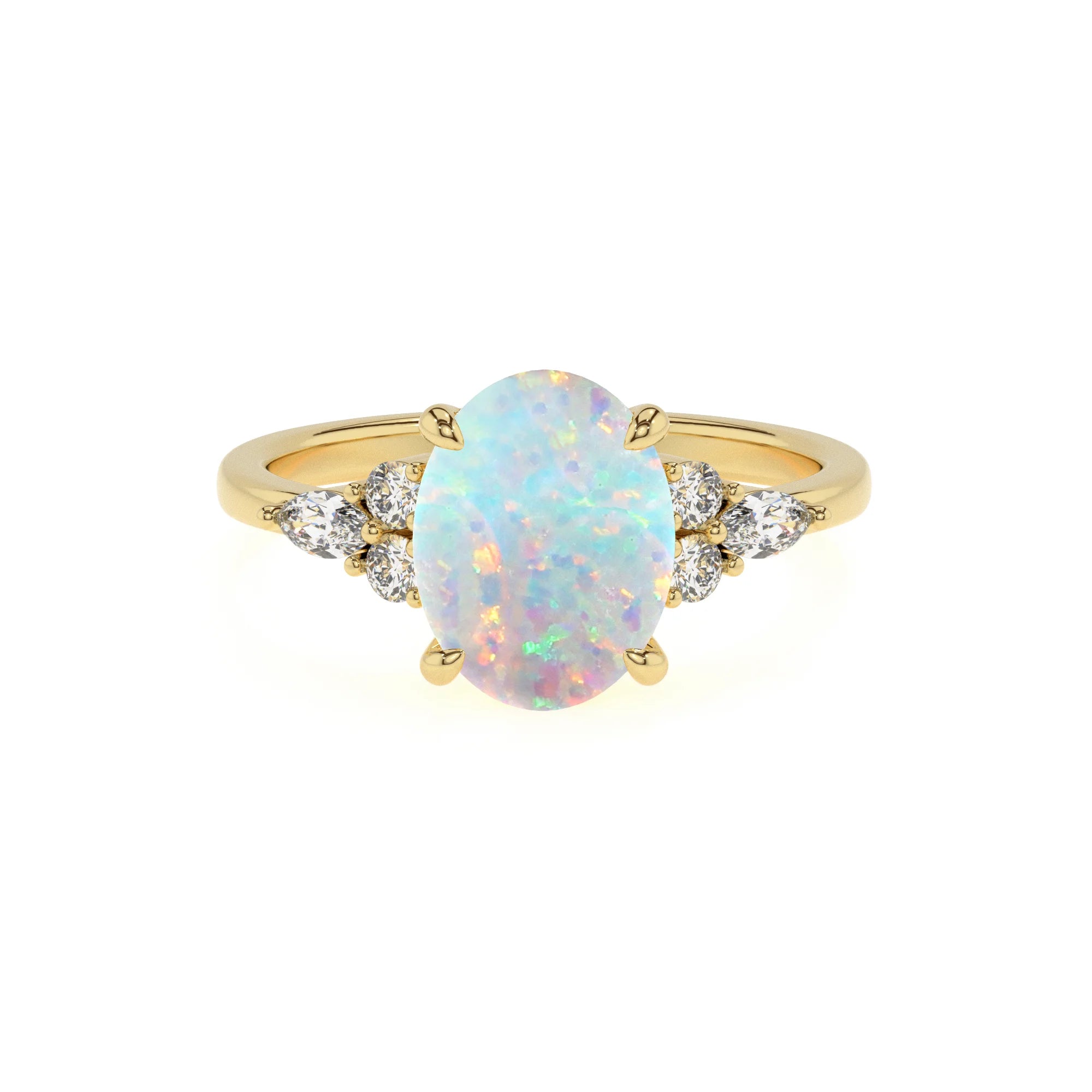 lab grown opal oval solitaire rings in yellow gold