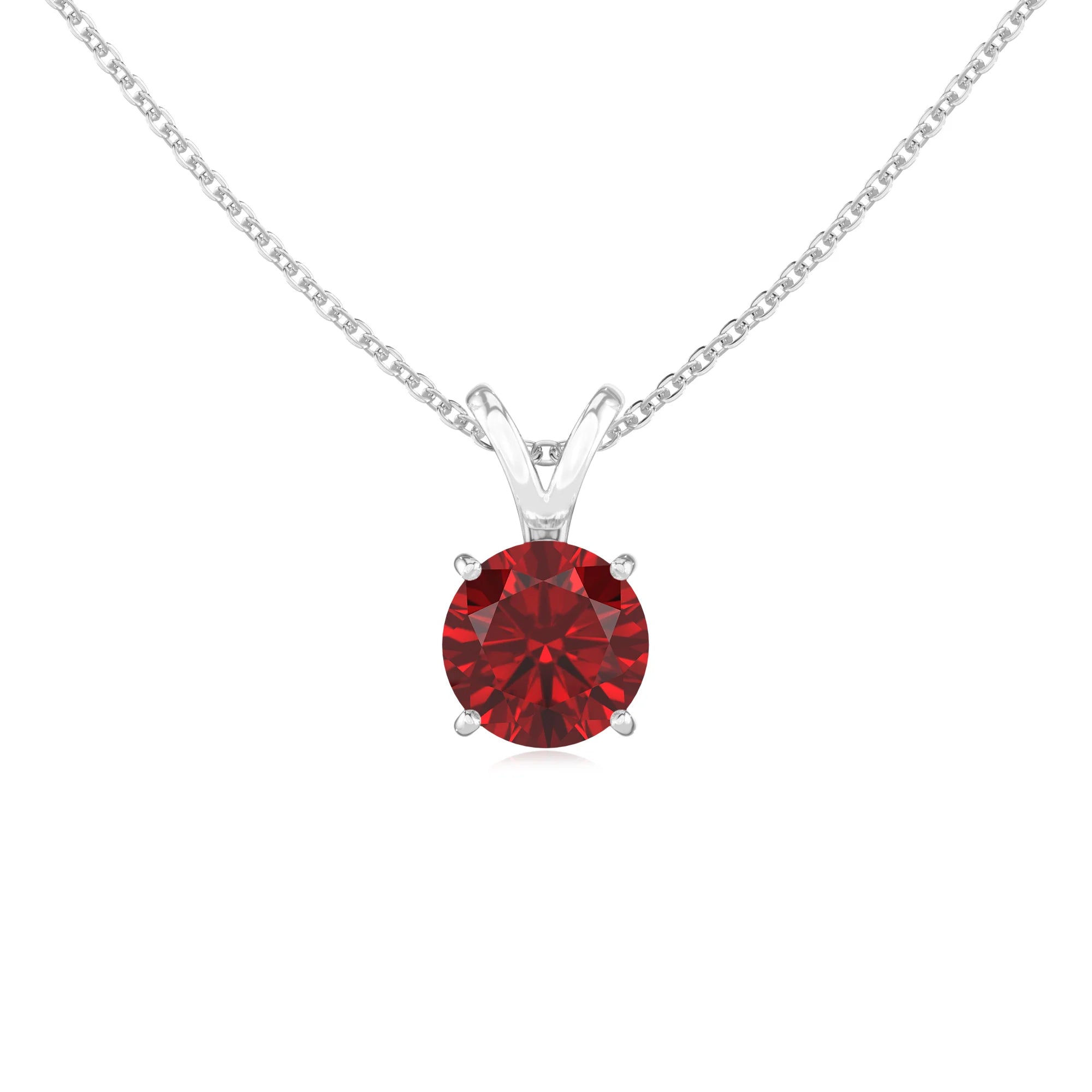 lab grown ruby round solitaire v-bale necklaces in white gold