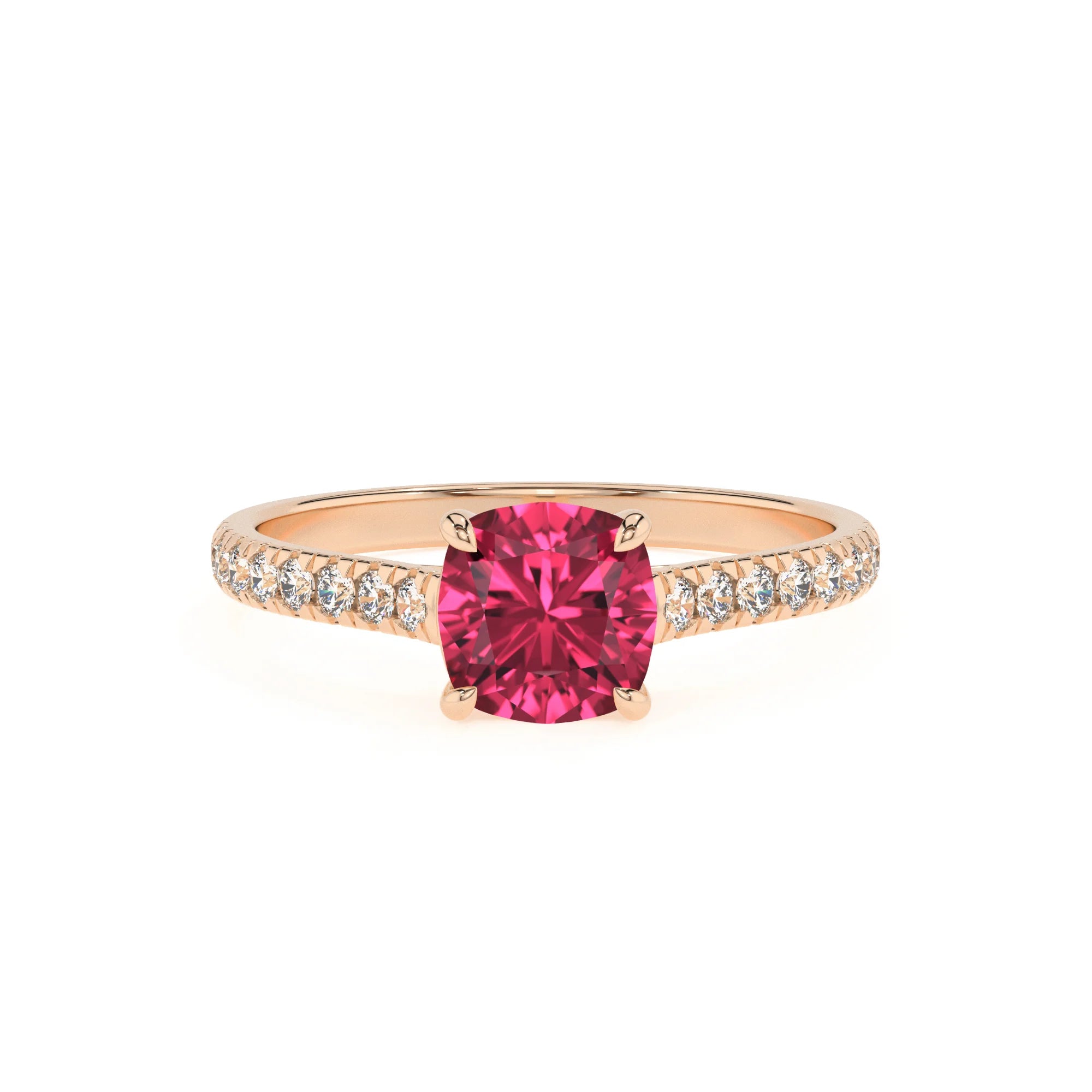 lab grown pink-tourmaline cushion half eternity solitaire engagement rings in rose gold