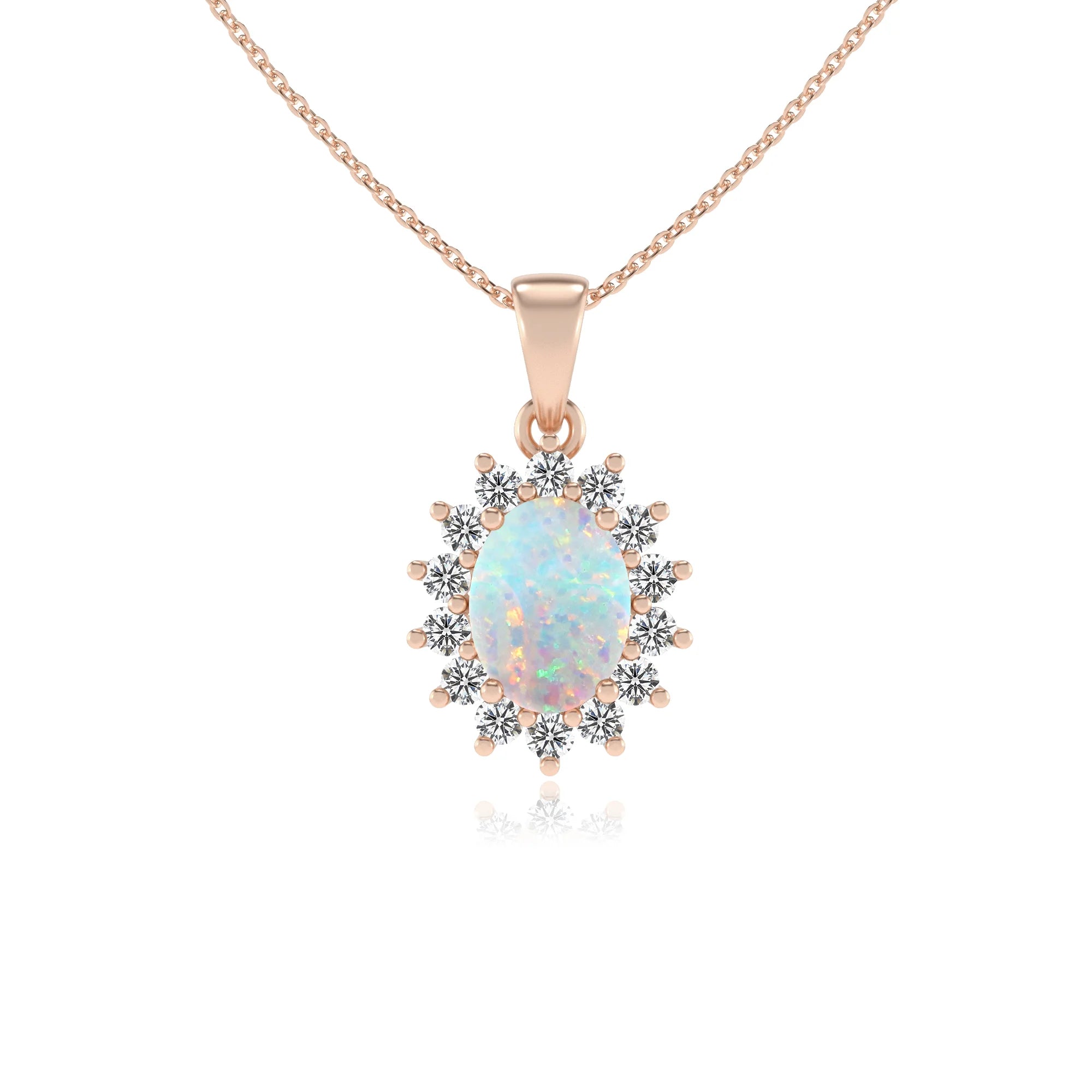 lab grown opal oval halo necklaces in rose gold