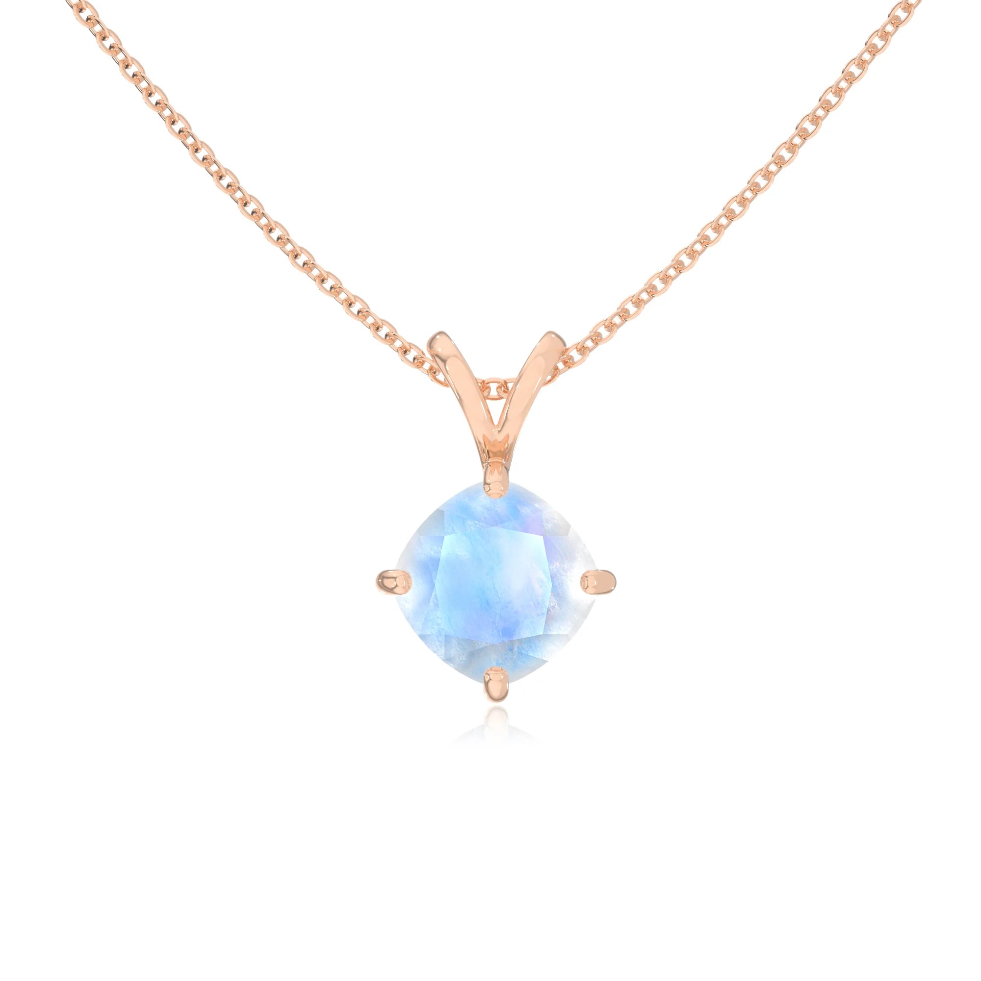 natural rainbow-moonstone cushion solitaire v-bale necklaces in rose gold