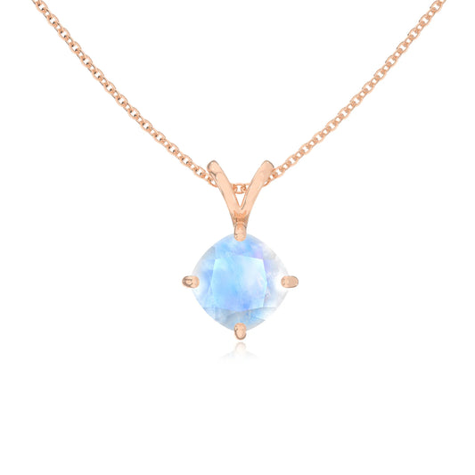 natural rainbow-moonstone cushion solitaire v-bale necklaces in rose gold
