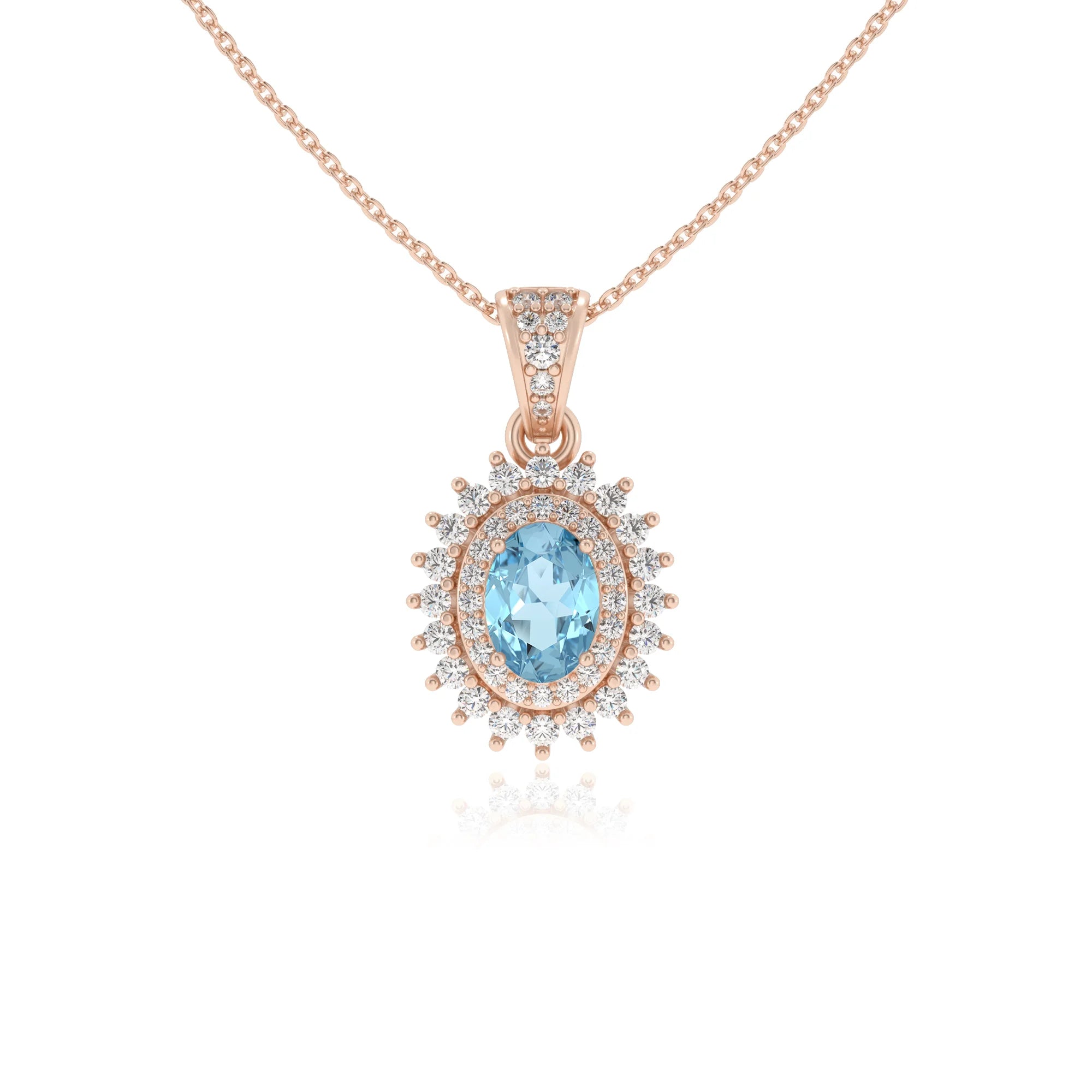 lab grown aquamarine oval halo necklaces in rose gold