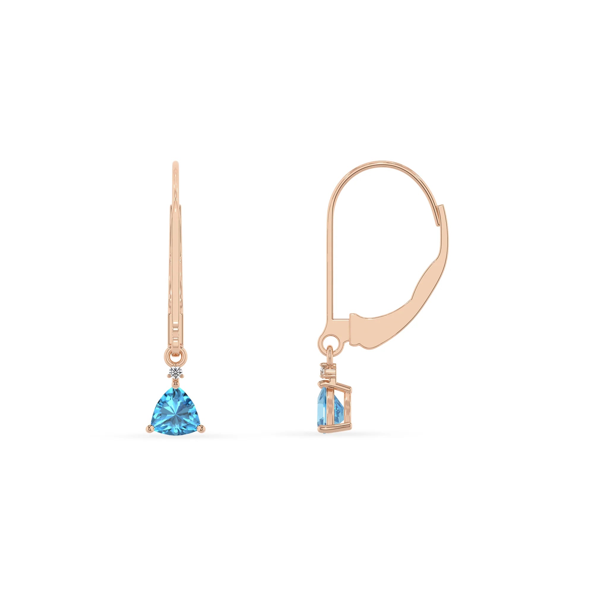 natural swiss blue topaz trillion drop earrings in rose gold